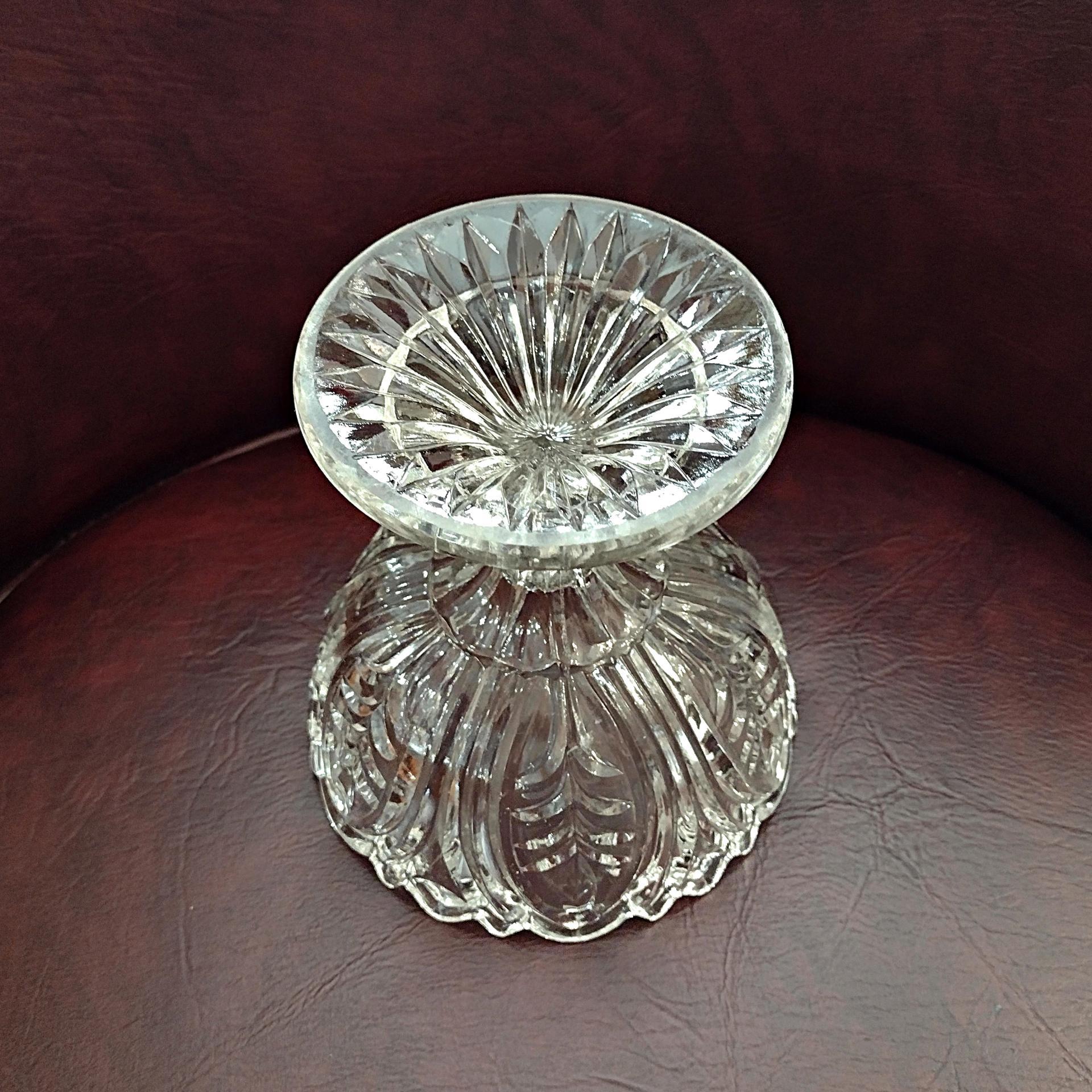 Antique Footed Cut Crystal Glass Compote, Vintage UV Reactive Glowing Glass Bowl