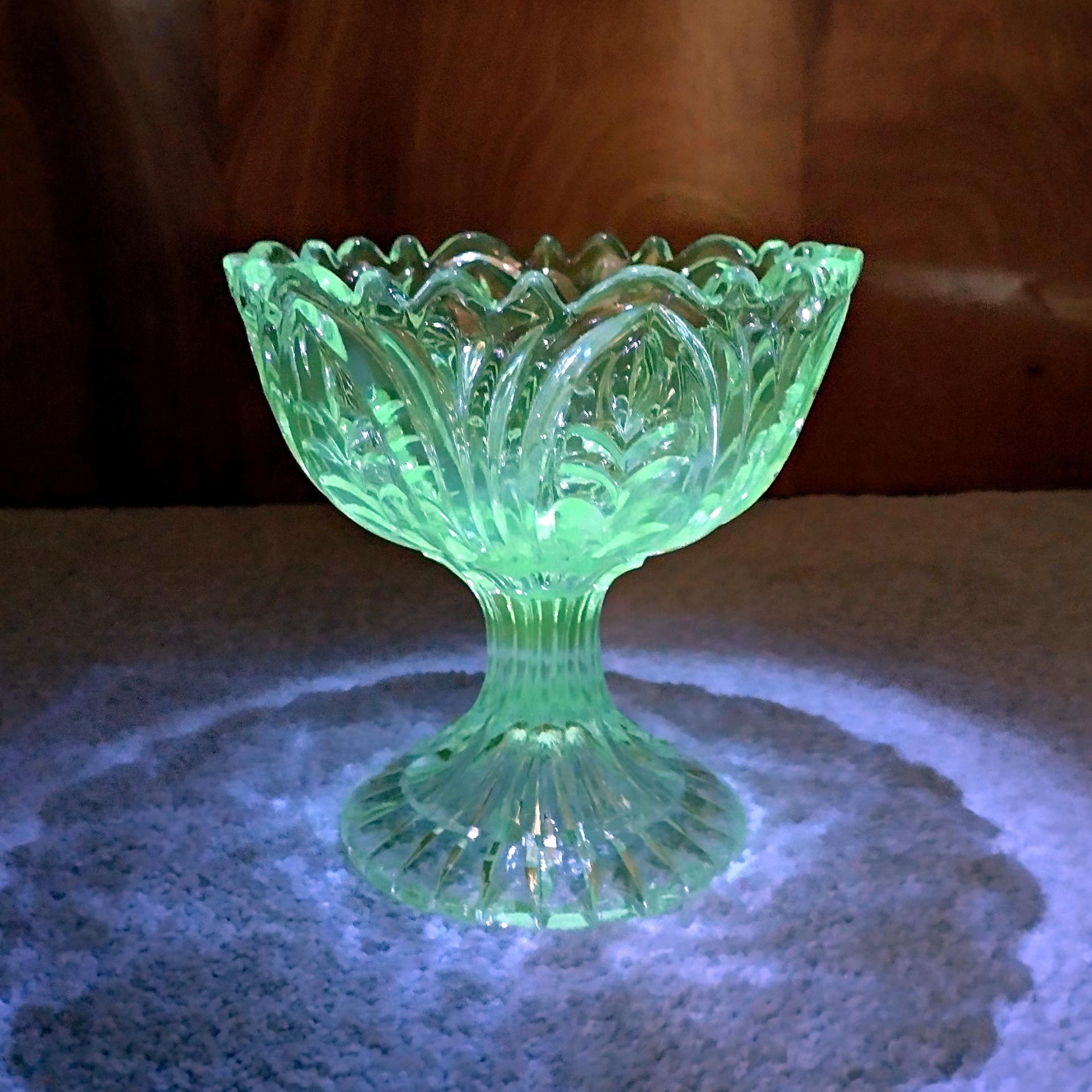 Antique Footed Cut Crystal Glass Compote, Vintage UV Reactive Glowing Glass Bowl