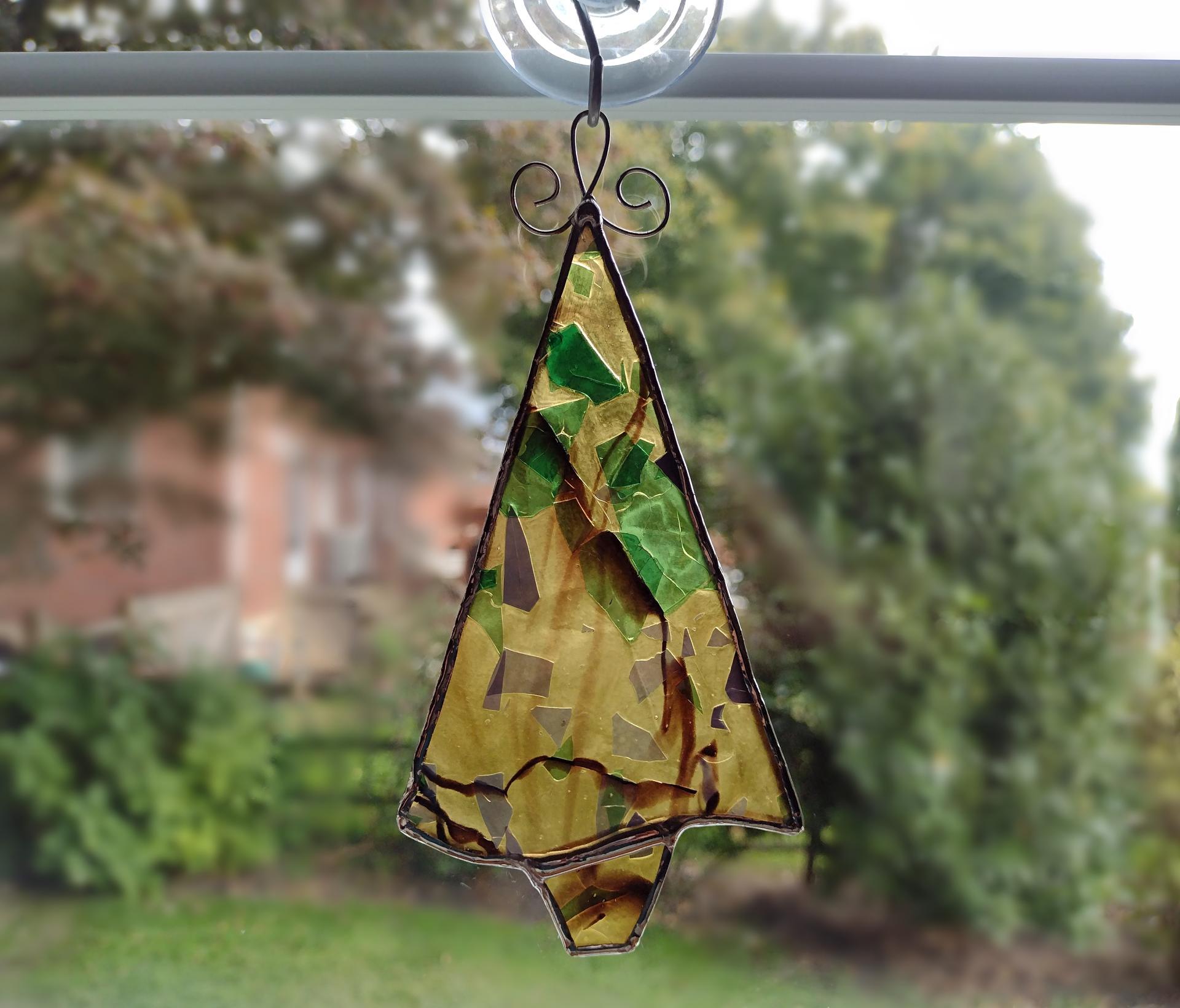 Stained Glass Fall Tree Suncatchers / Ornaments, Set of Two, Gold Confetti Glass