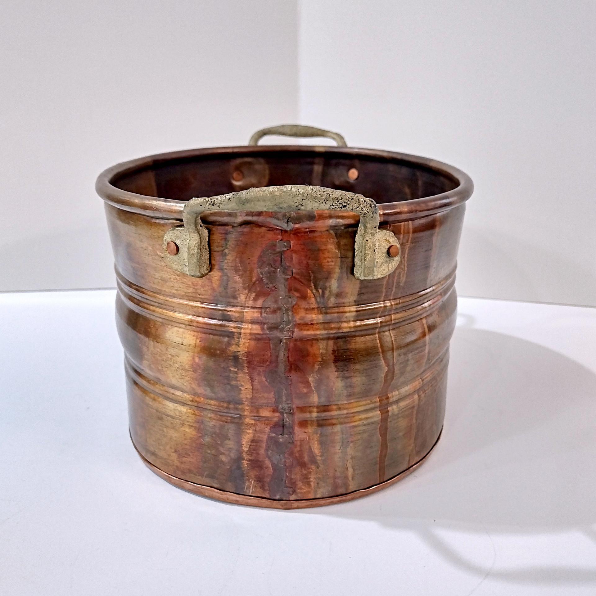 Vintage Patinaed Oval Copper Jardiniere Planter Pot with Brass Handles, Turkish Copper Vessel