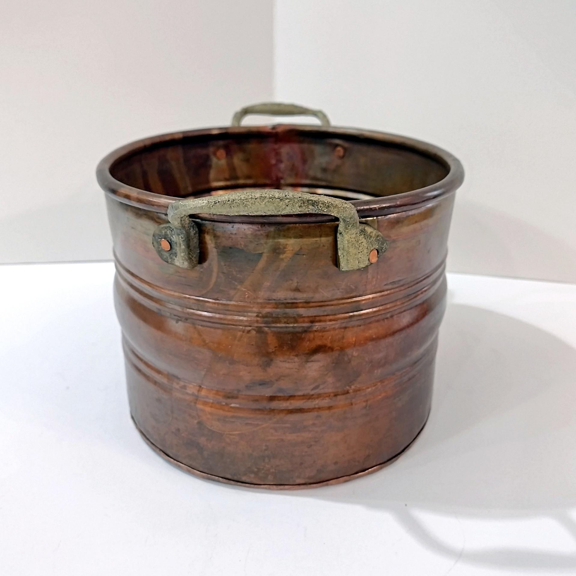Vintage Patinaed Oval Copper Jardiniere Planter Pot with Brass Handles, Turkish Copper Vessel