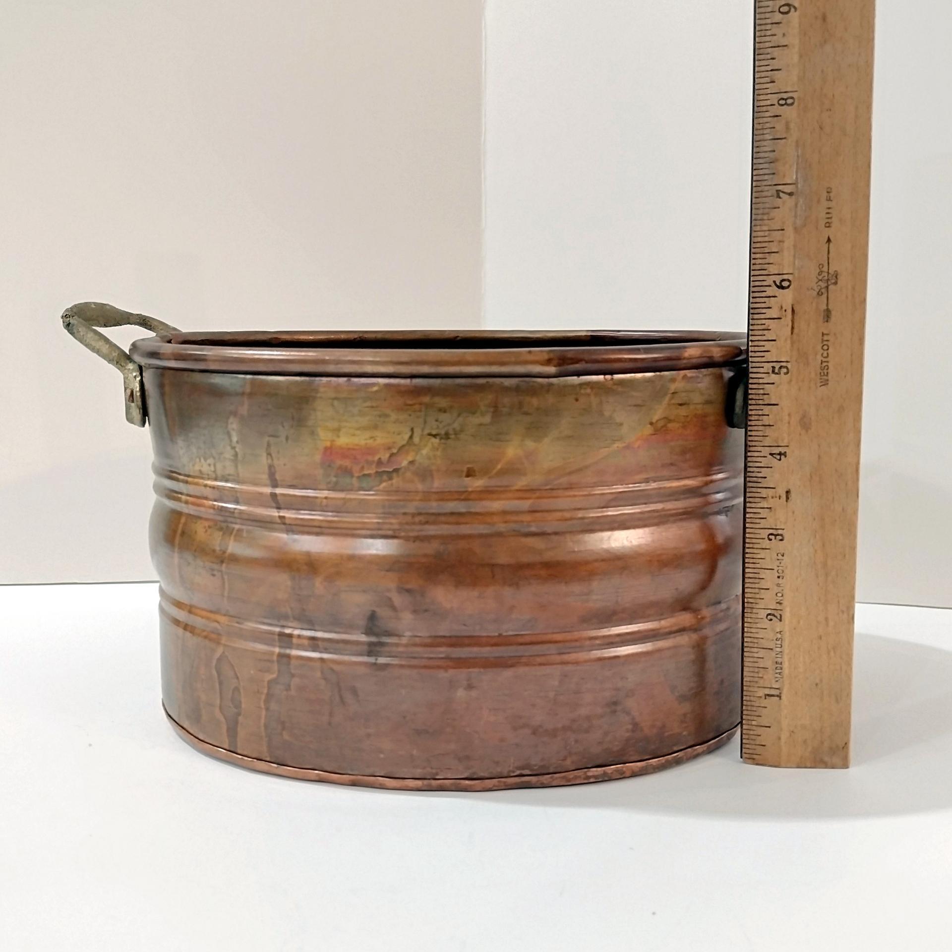 Vintage Patinaed Oval Copper Jardiniere Planter Pot with Brass Handles, Turkish Copper Vessel