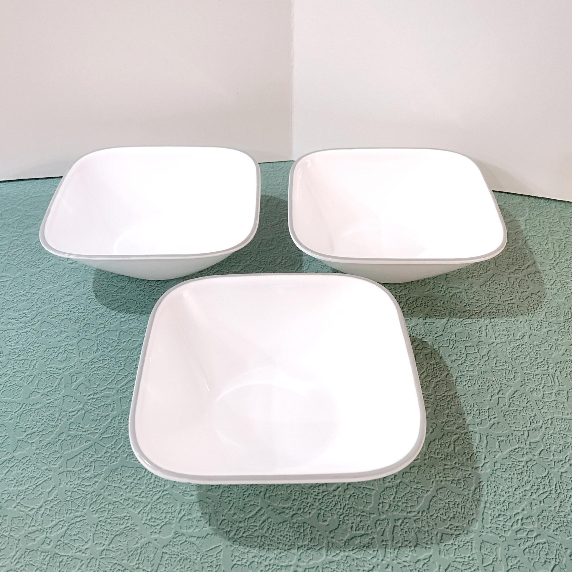 Corelle Blushing Rose Adlyn Square Cereal Salad Bowls, Set of Three, White Bowls with Gray Rims