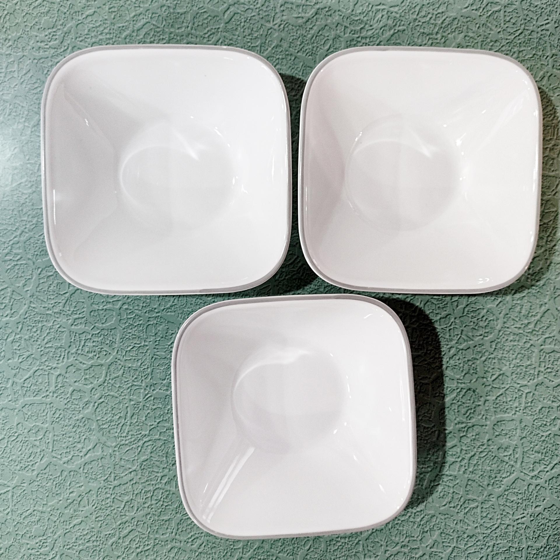 Corelle Blushing Rose Adlyn Square Cereal Salad Bowls, Set of Three, White Bowls with Gray Rims
