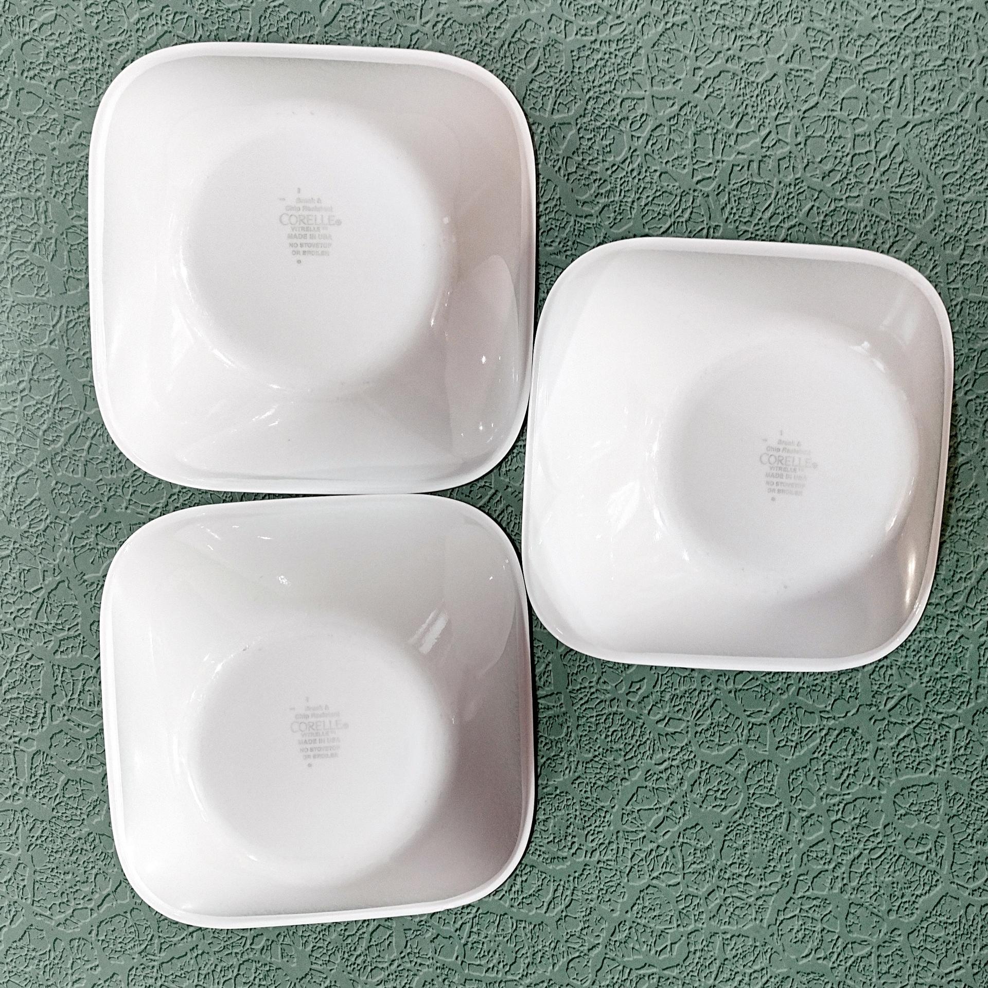 Corelle Blushing Rose Adlyn Square Cereal Salad Bowls, Set of Three, White Bowls with Gray Rims