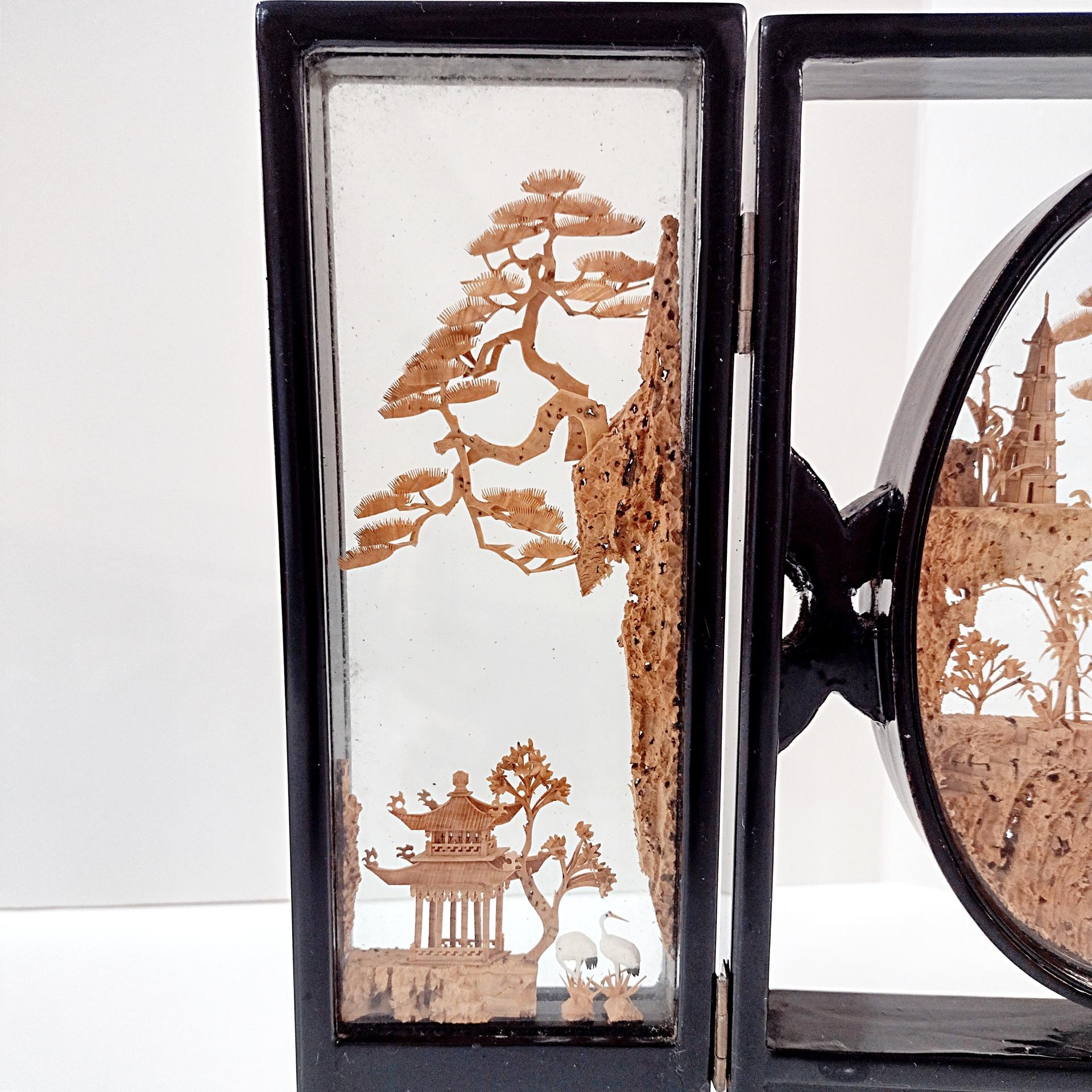 Vintage Chinese Cork Carving Folding 3 Panel Tabletop Diorama, 1970s Asian Art Screen
