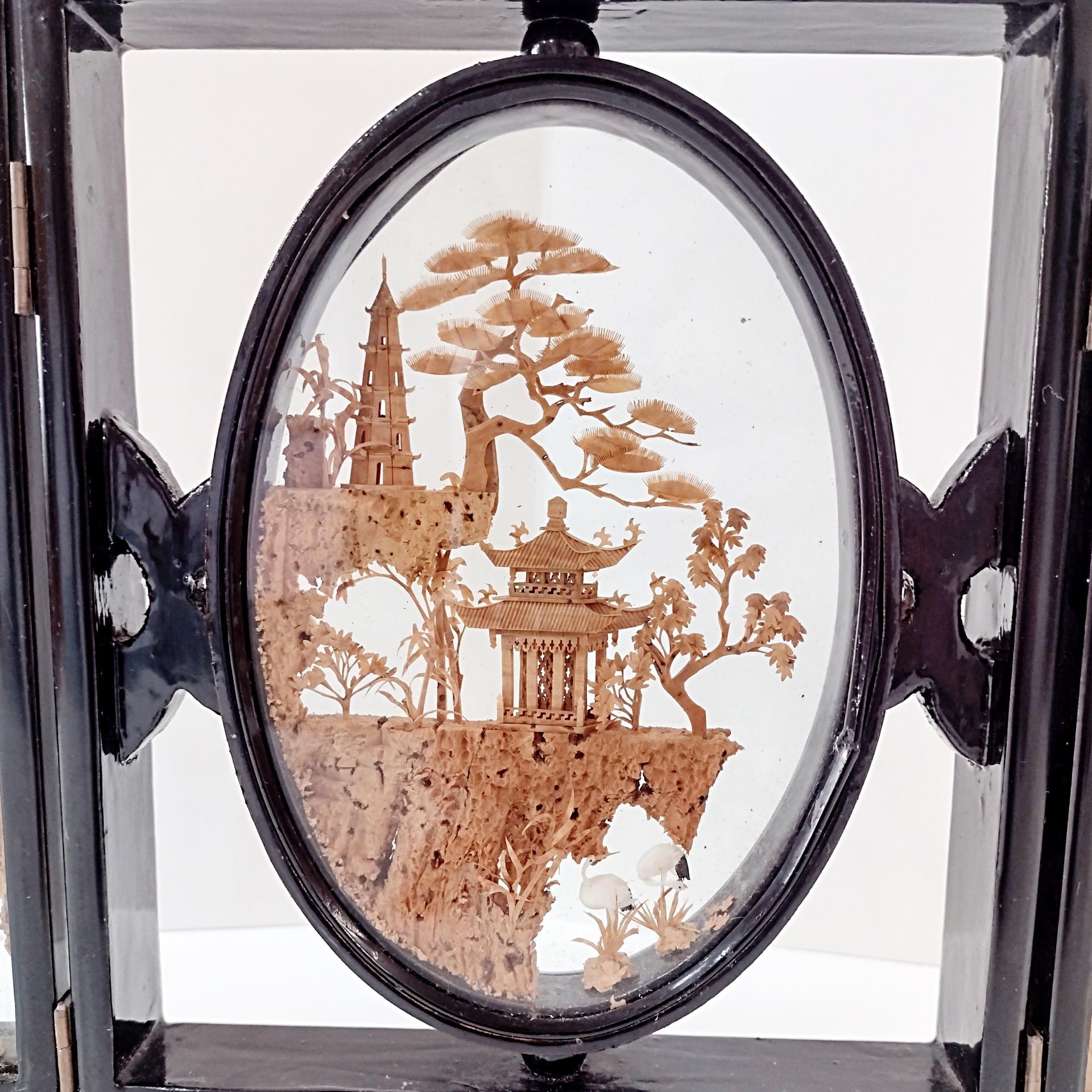 Vintage Chinese Cork Carving Folding 3 Panel Tabletop Diorama, 1970s Asian Art Screen