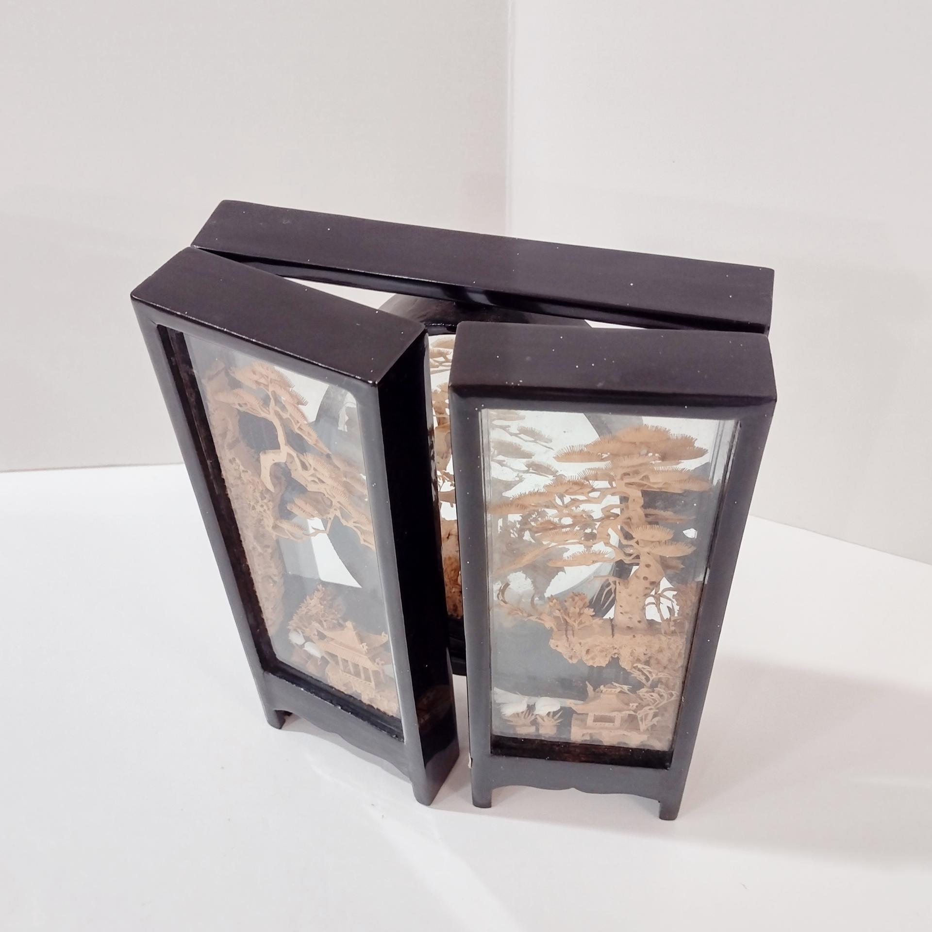 Vintage Chinese Cork Carving Folding 3 Panel Tabletop Diorama, 1970s Asian Art Screen