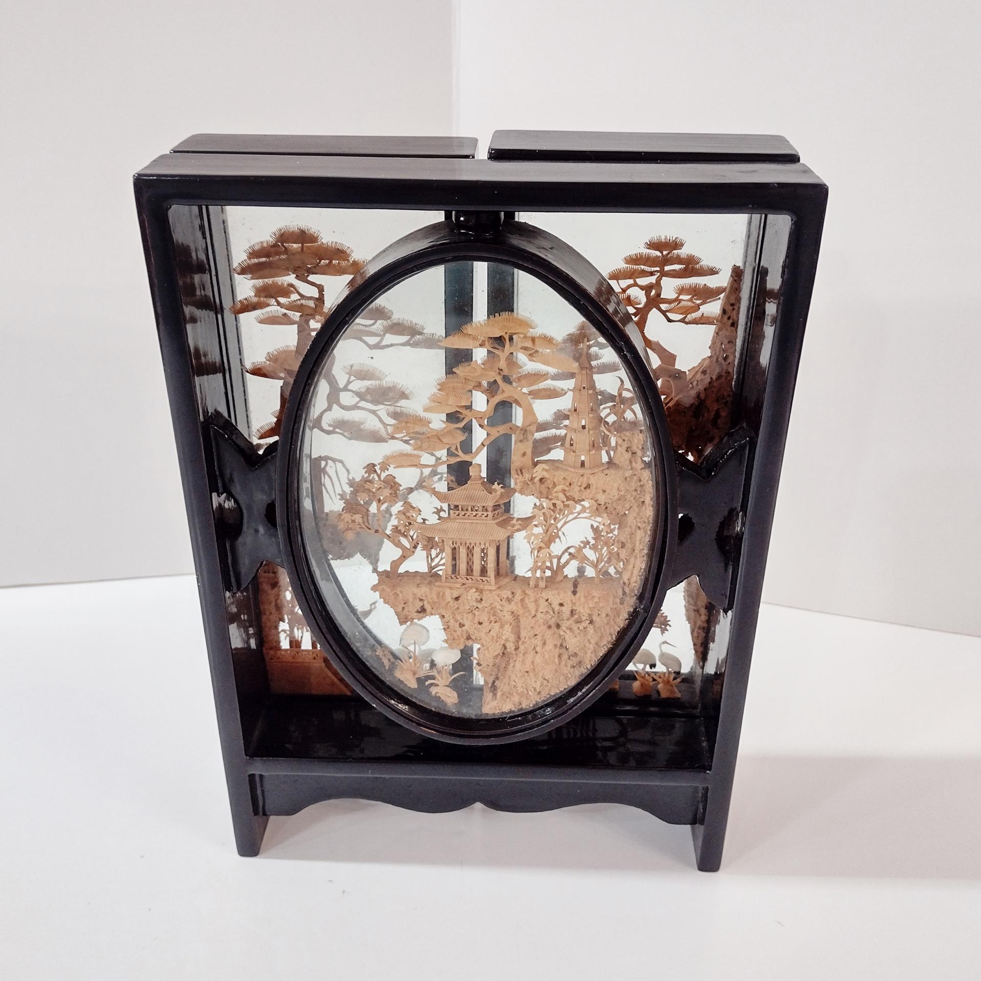 Vintage Chinese Cork Carving Folding 3 Panel Tabletop Diorama, 1970s Asian Art Screen