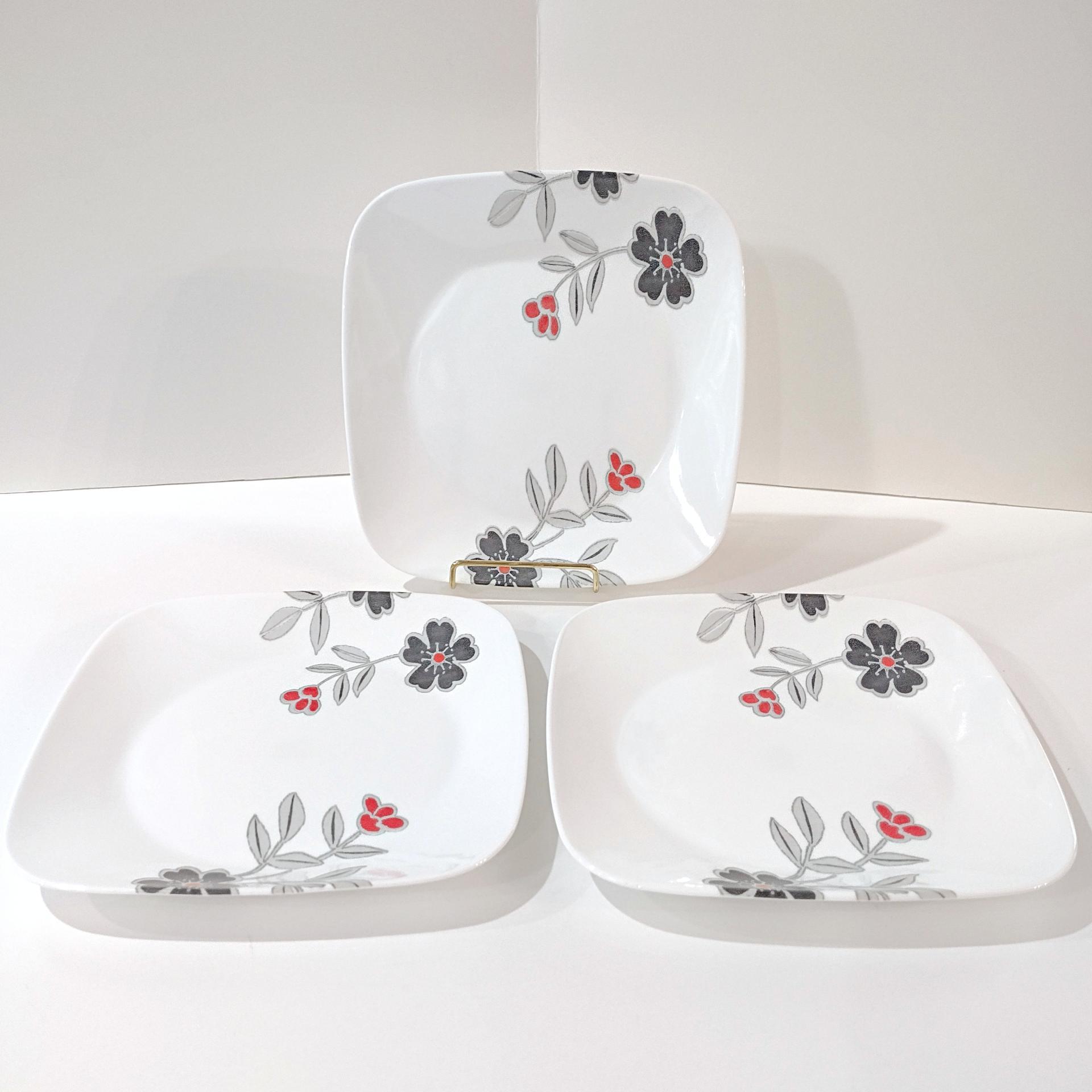 Vintage Corelle Mandarin Flower Square Luncheon Plates, Set of 3