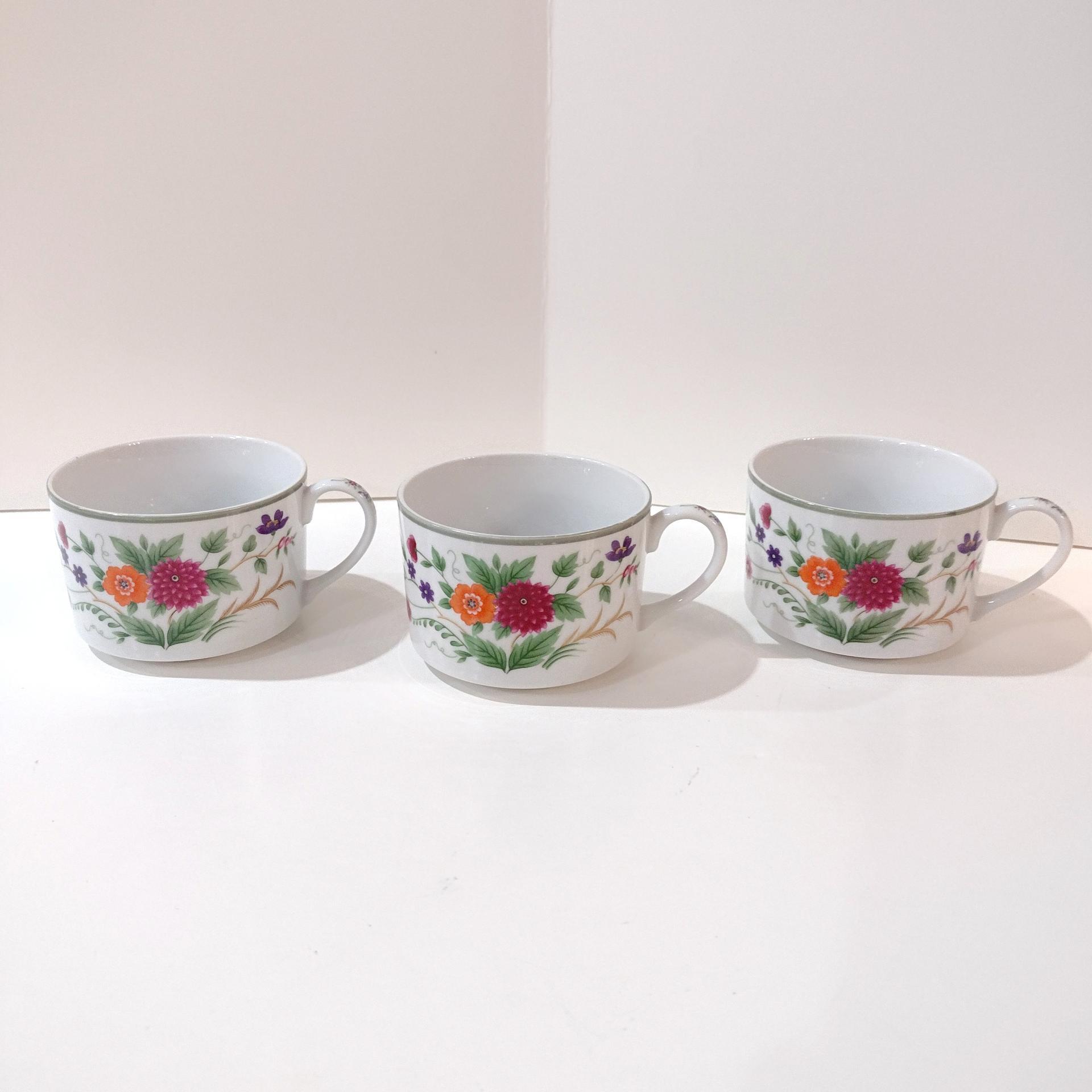 Vintage Mikasa Couture Collection Flat Tea Cups, Set of Three, Pink Blue Purple Floral Mugs