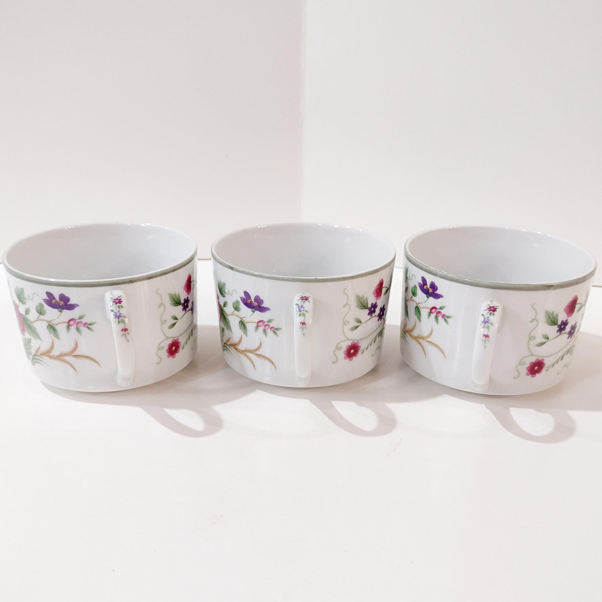 Vintage Mikasa Couture Collection Flat Tea Cups, Set of Three, Pink Blue Purple Floral Mugs