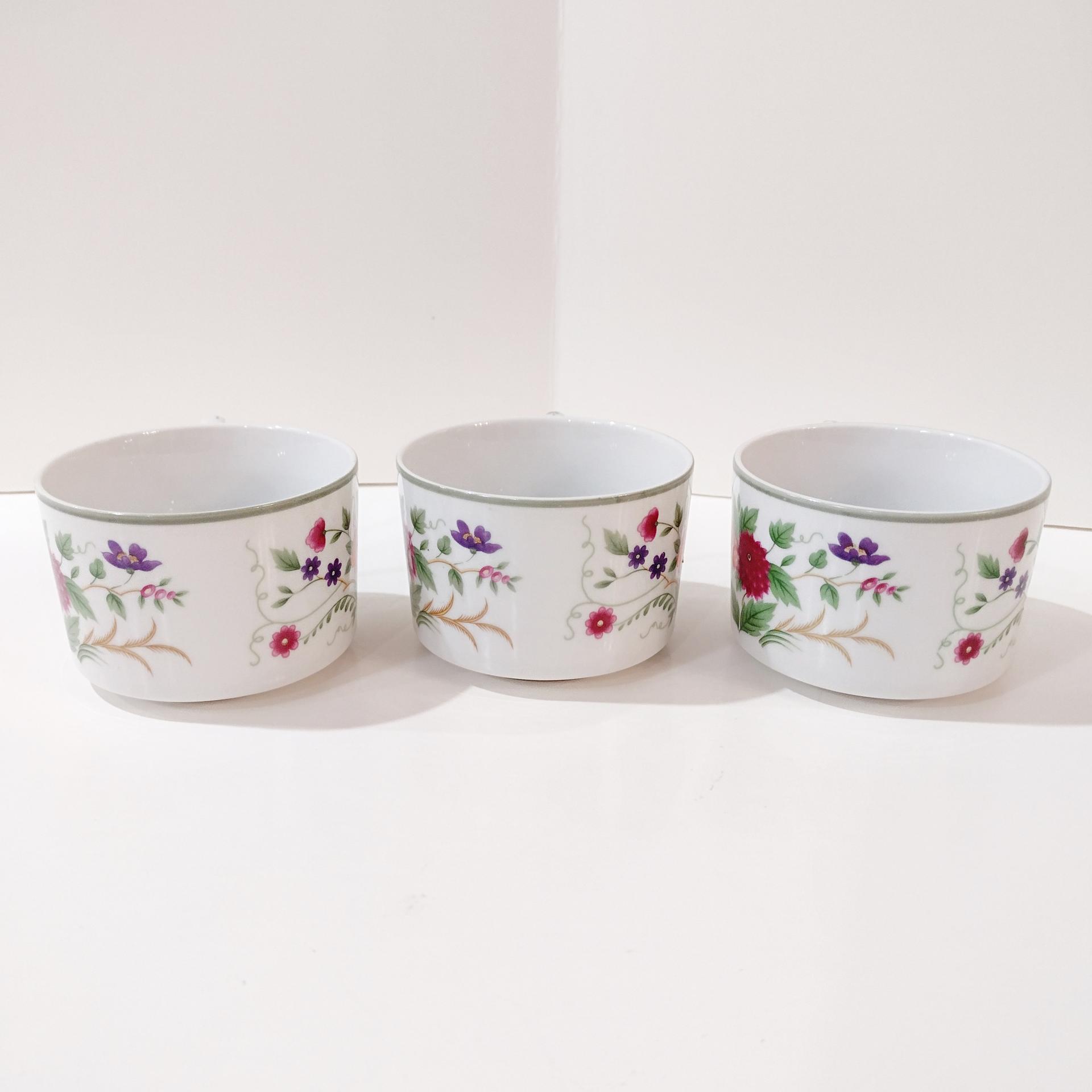 Vintage Mikasa Couture Collection Flat Tea Cups, Set of Three, Pink Blue Purple Floral Mugs