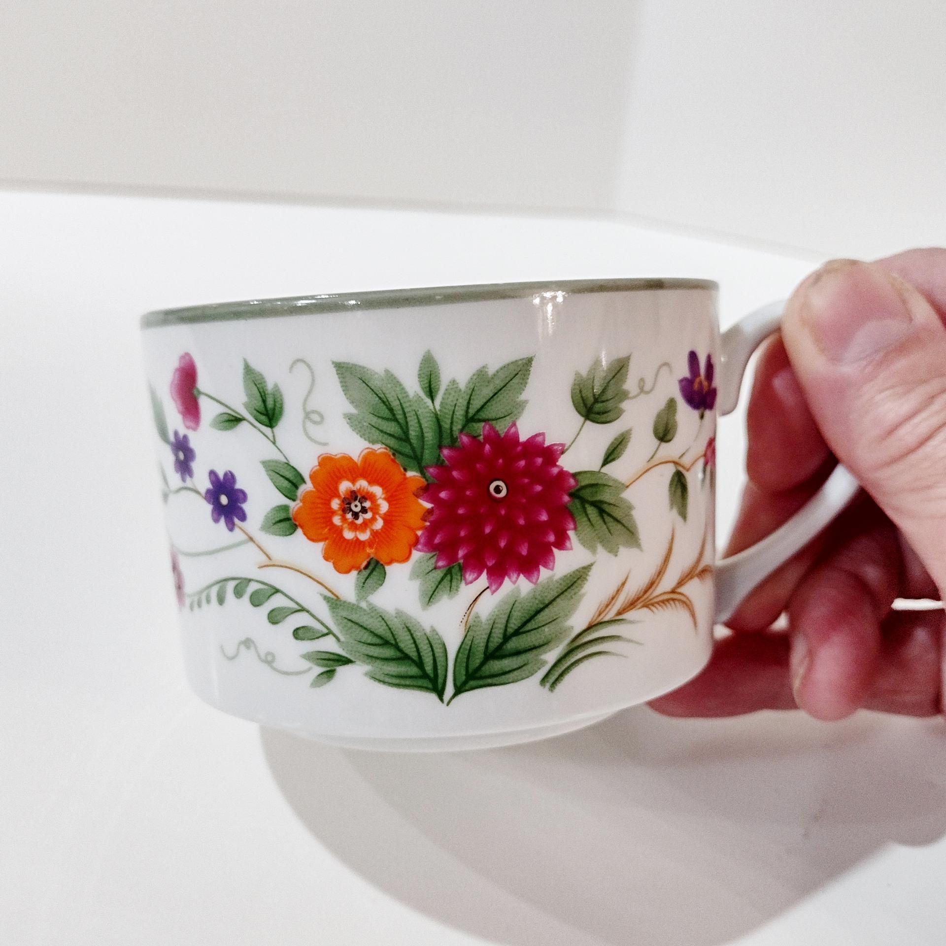 Vintage Mikasa Couture Collection Flat Tea Cups, Set of Three, Pink Blue Purple Floral Mugs