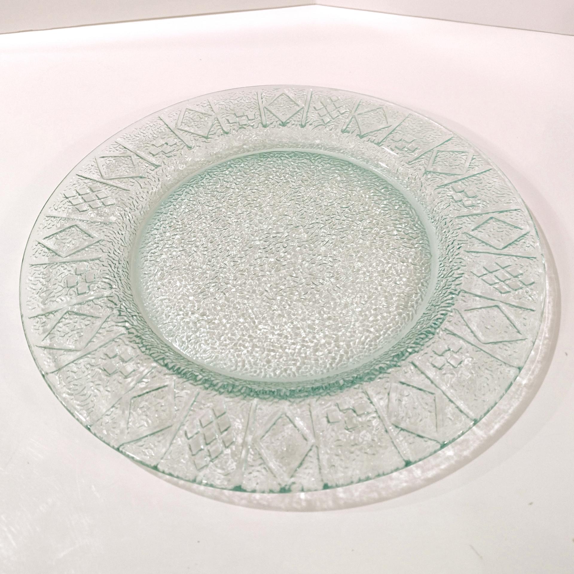 Vintage Green Glass Geometric Design Dinner Plates, Set of Two, Multiple Sets Available