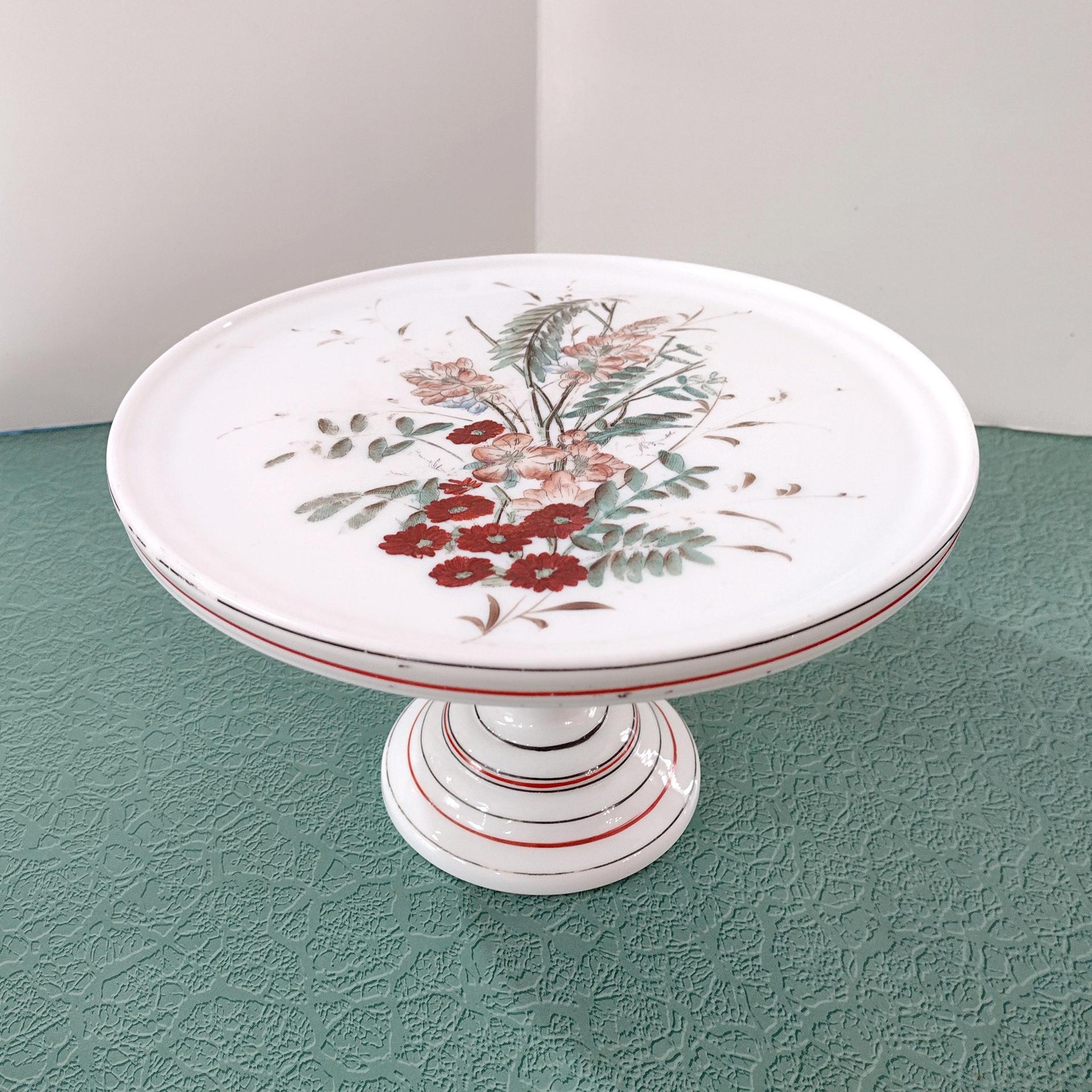 Antique Milk Glass 9 Inch Pedestal Cake Plate, Challinor Taylor Floral Design Cake Stand, Pastry Dessert Display Plate