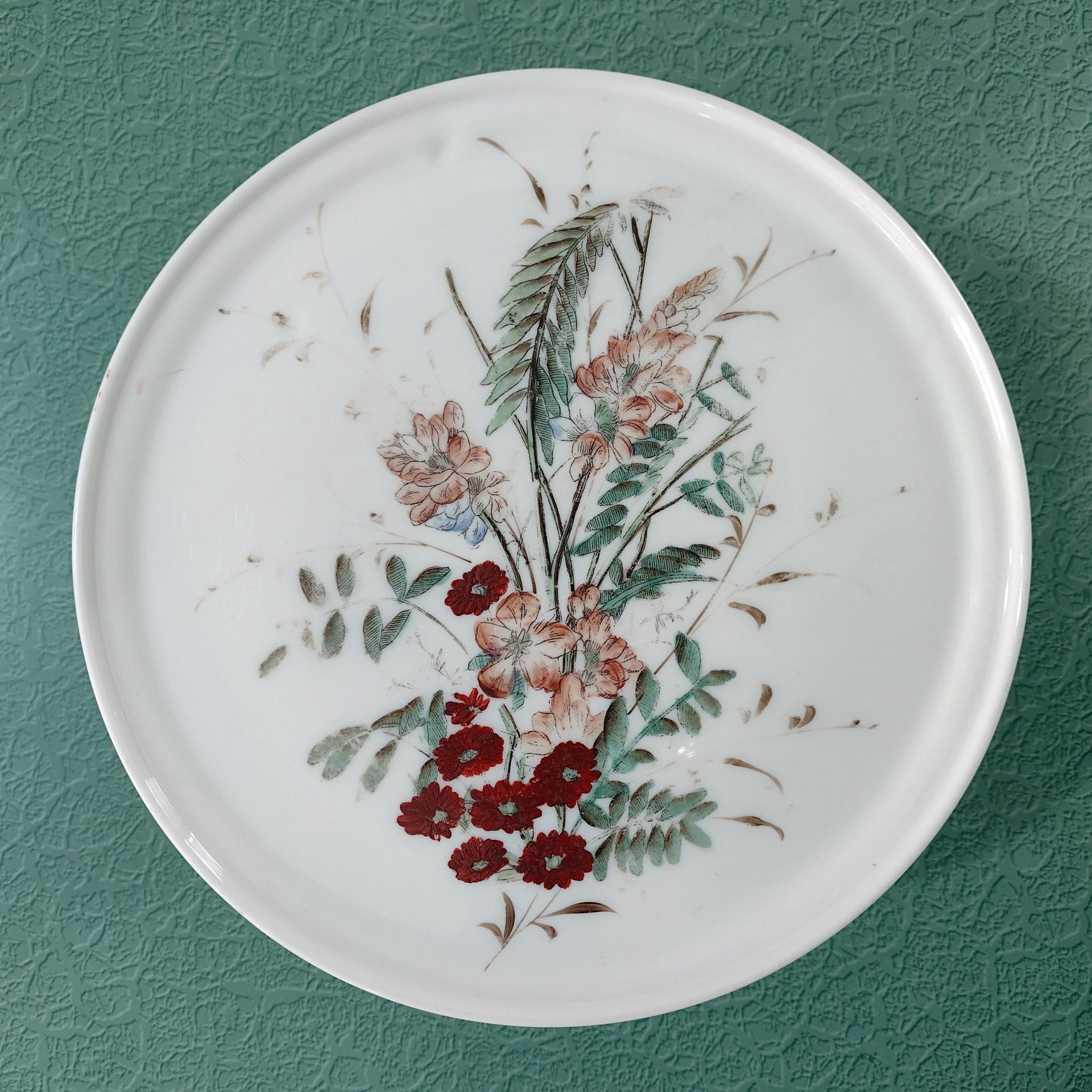 Antique Milk Glass 9 Inch Pedestal Cake Plate, Challinor Taylor Floral Design Cake Stand, Pastry Dessert Display Plate