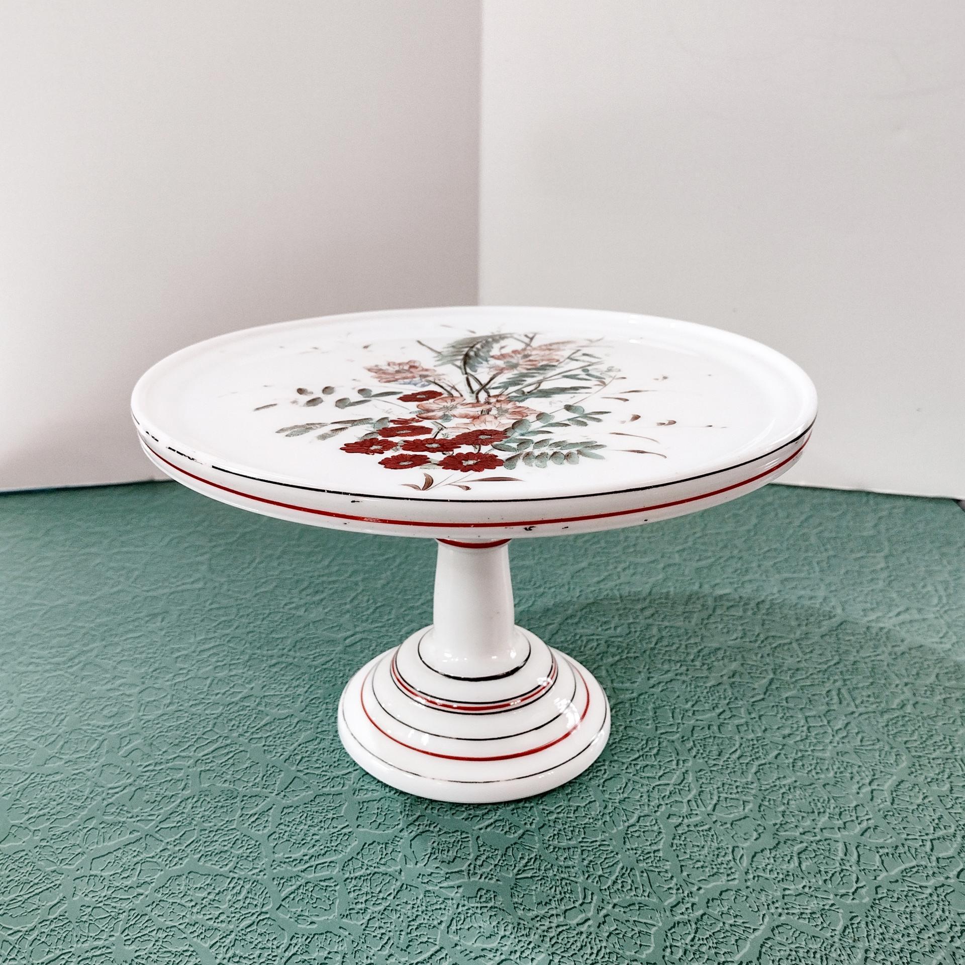 Antique Milk Glass 9 Inch Pedestal Cake Plate, Challinor Taylor Floral Design Cake Stand, Pastry Dessert Display Plate