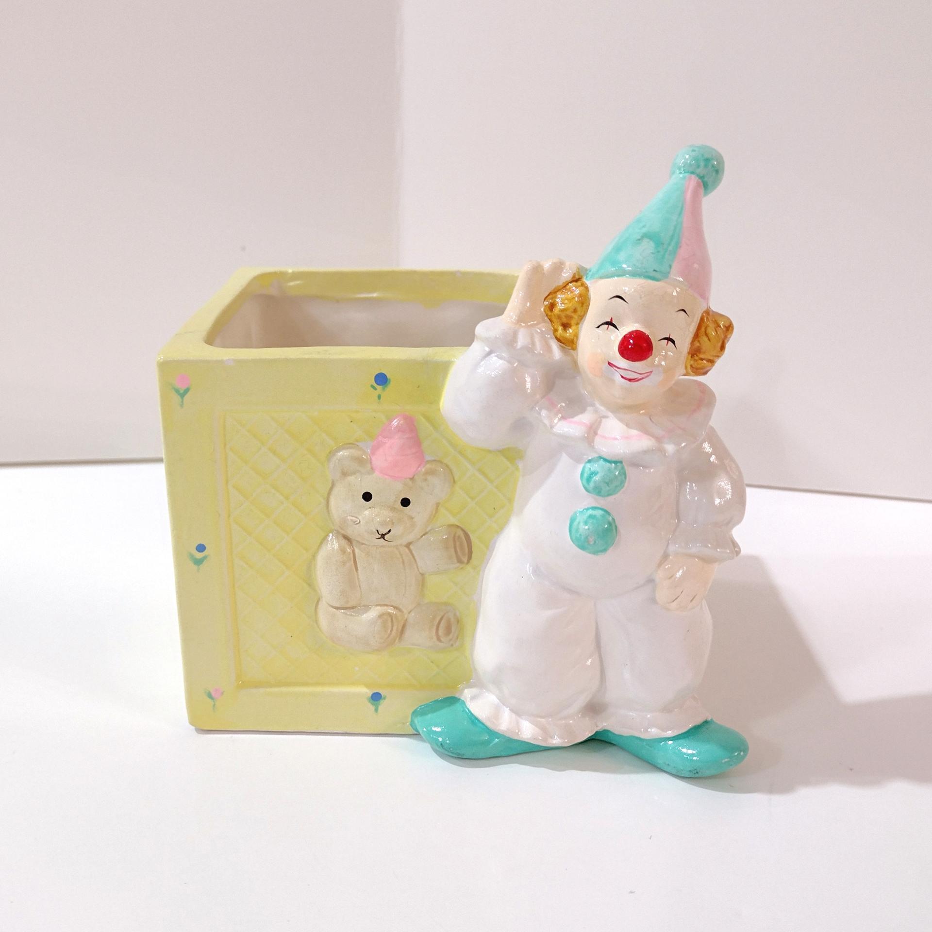 Vintage Clown and Building Block Ceramic Planter, Child's Room Decor Caddy / Holder