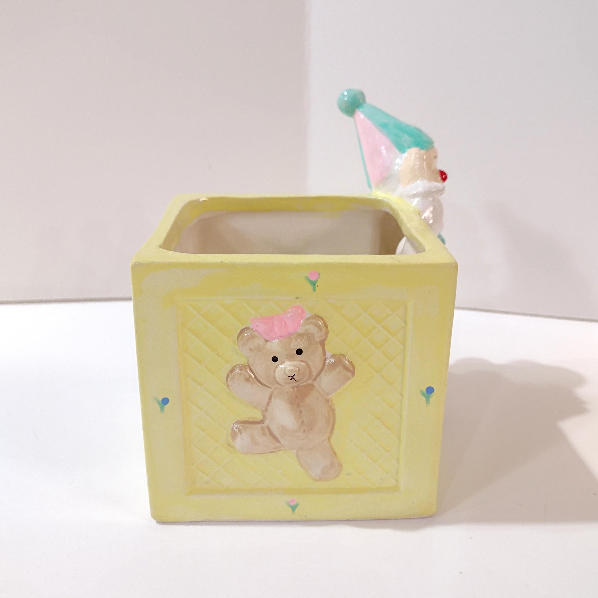 Vintage Clown and Building Block Ceramic Planter, Child's Room Decor Caddy / Holder