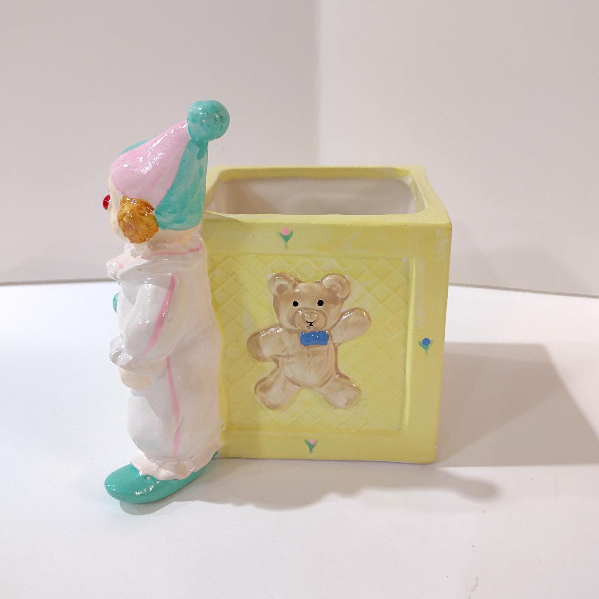 Vintage Clown and Building Block Ceramic Planter, Child's Room Decor Caddy / Holder