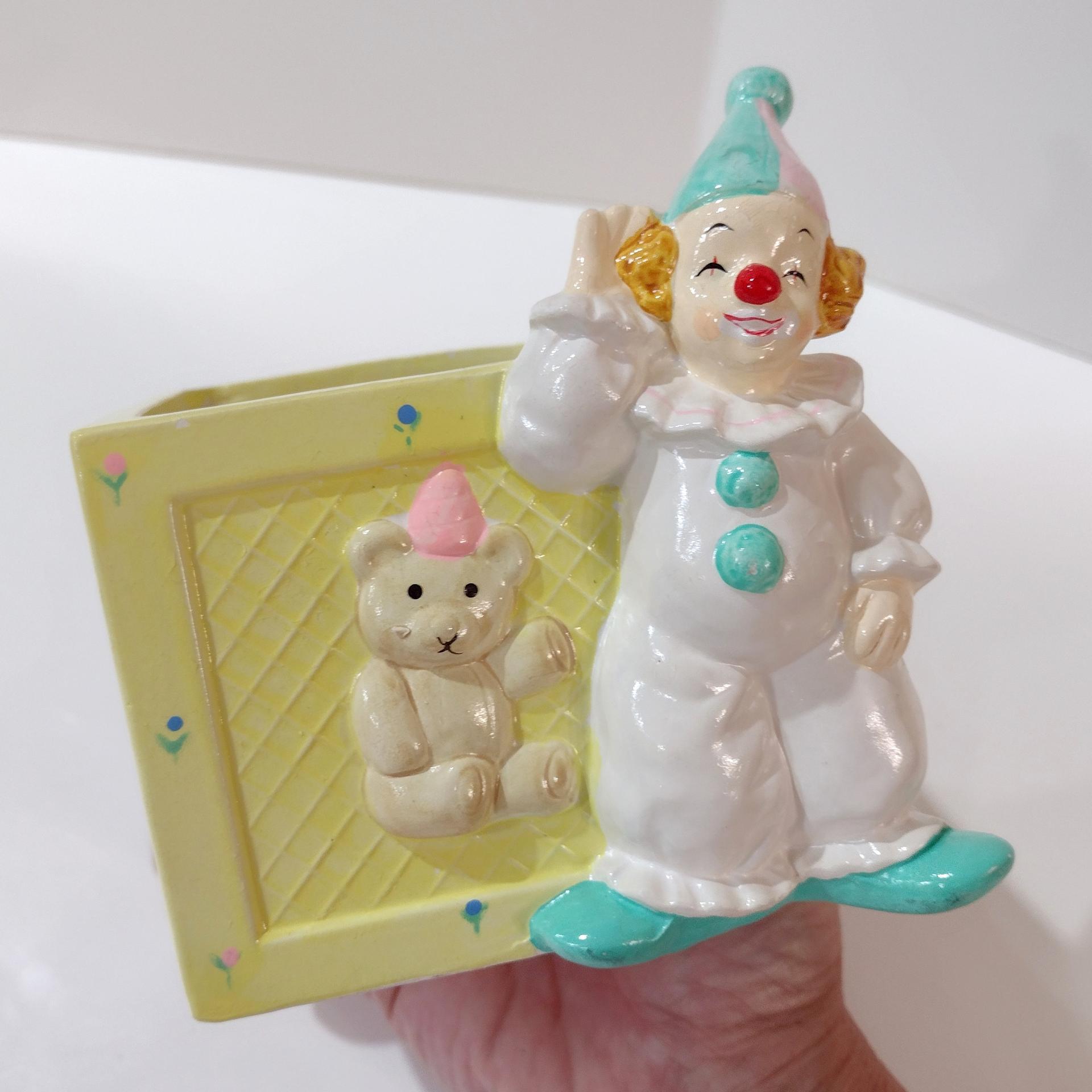 Vintage Clown and Building Block Ceramic Planter, Child's Room Decor Caddy / Holder