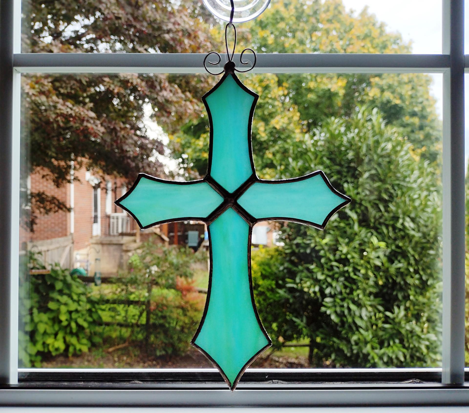 Stained Glass Cross Suncatcher, Aqua Blue Swirl