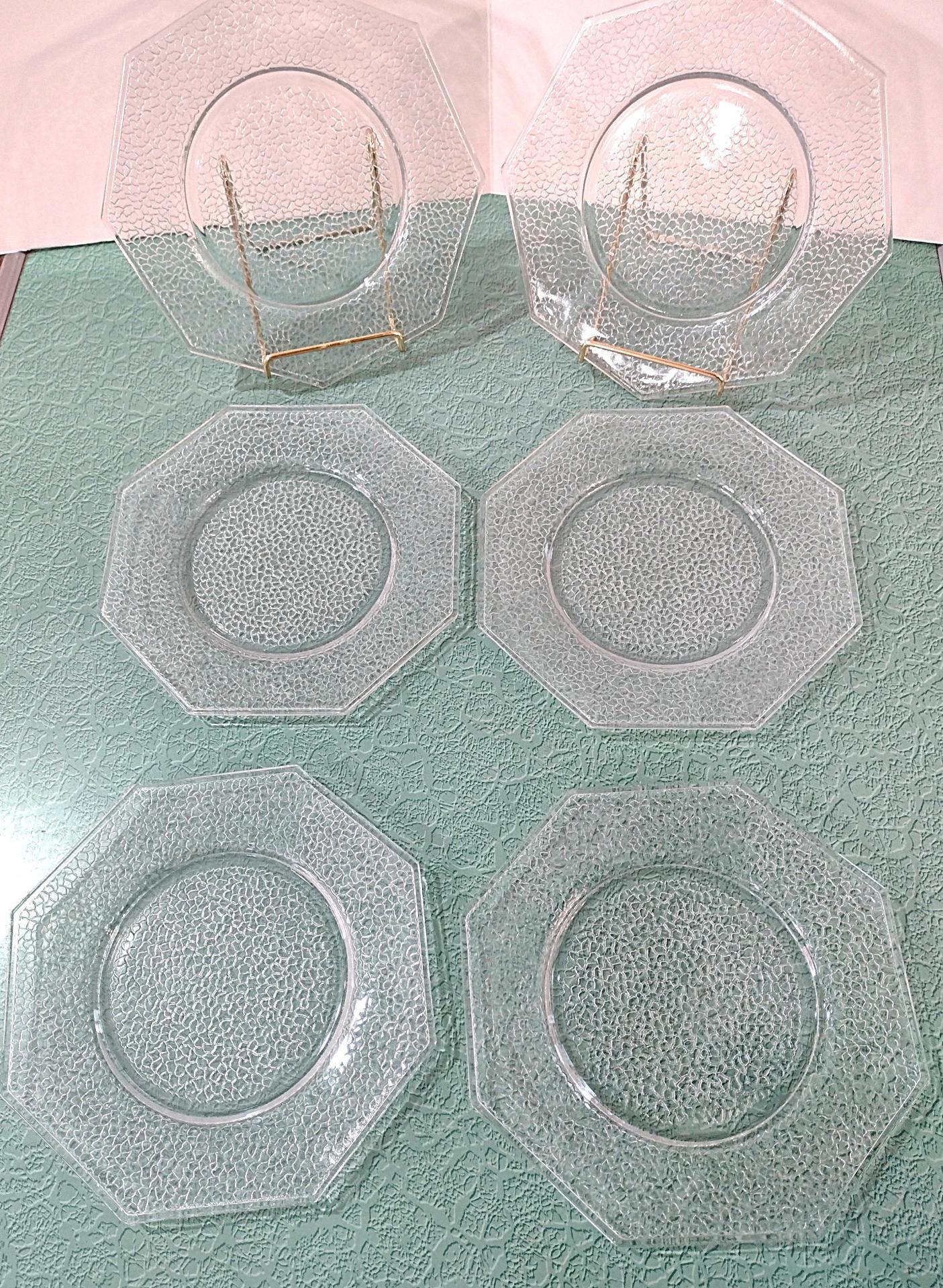 Vintage L. E. Smith Glass By Cracky Clear Octagonal Luncheon Salad Plates, Set of 6, UV Reactive 1920's Glassware