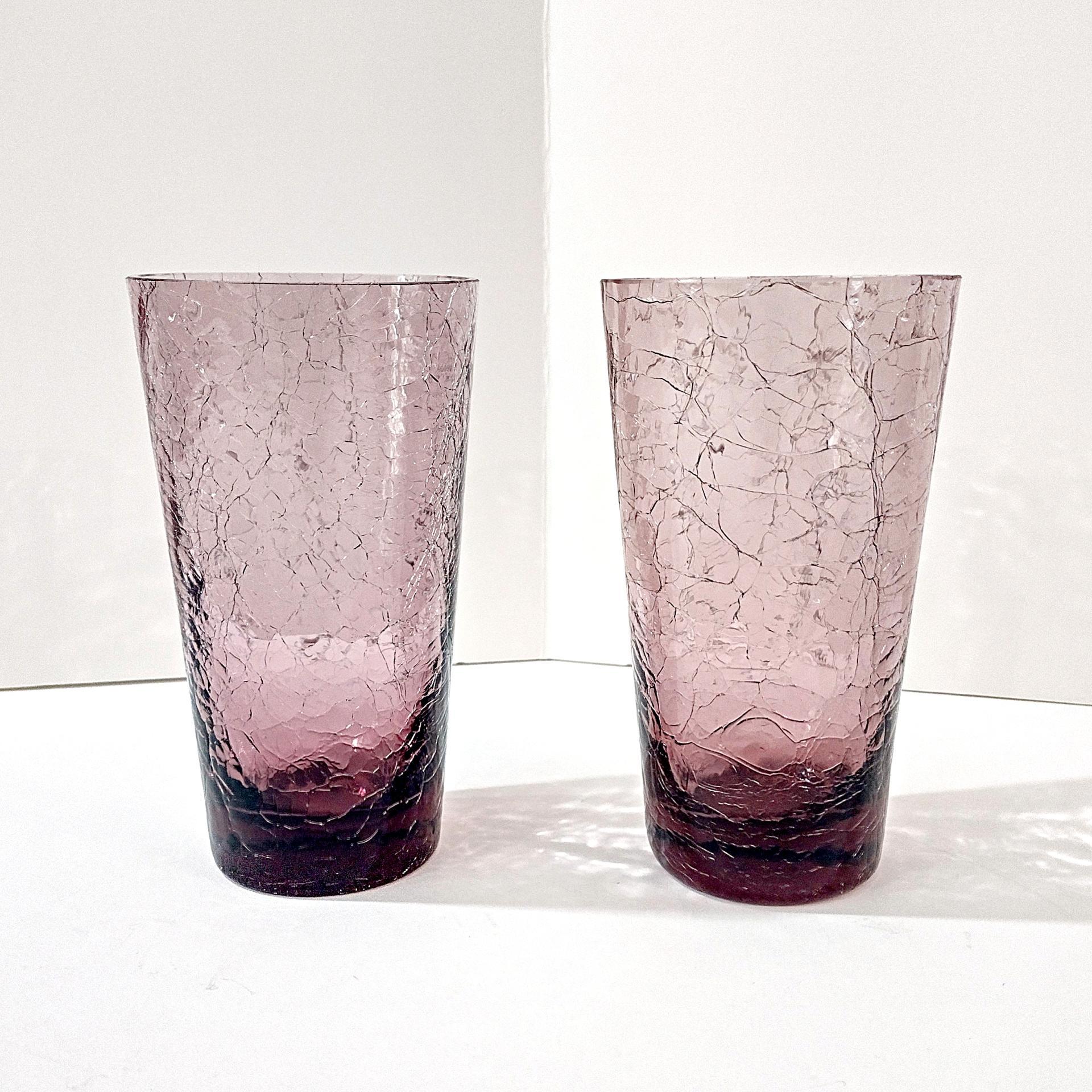 Vintage Amethyst Purple Crackle Glass Tumblers, Set of 2