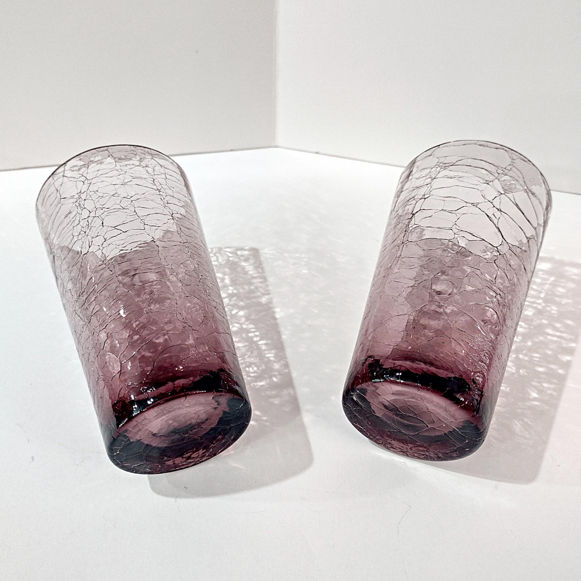 Vintage Amethyst Purple Crackle Glass Tumblers, Set of 2