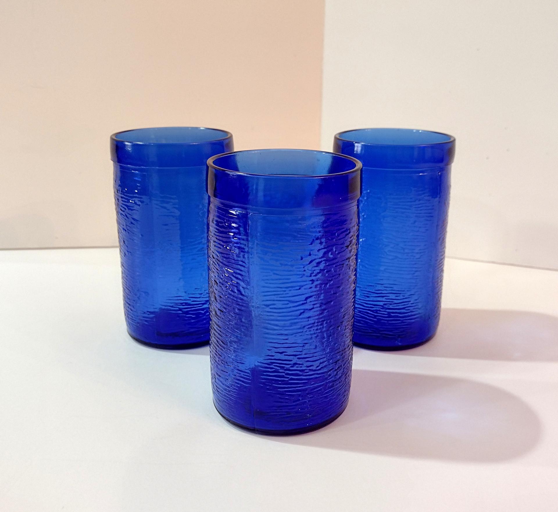 Vintage Gelado Brazil Cobalt Blue Crinkle Glass Juice Glasses, Set of Three