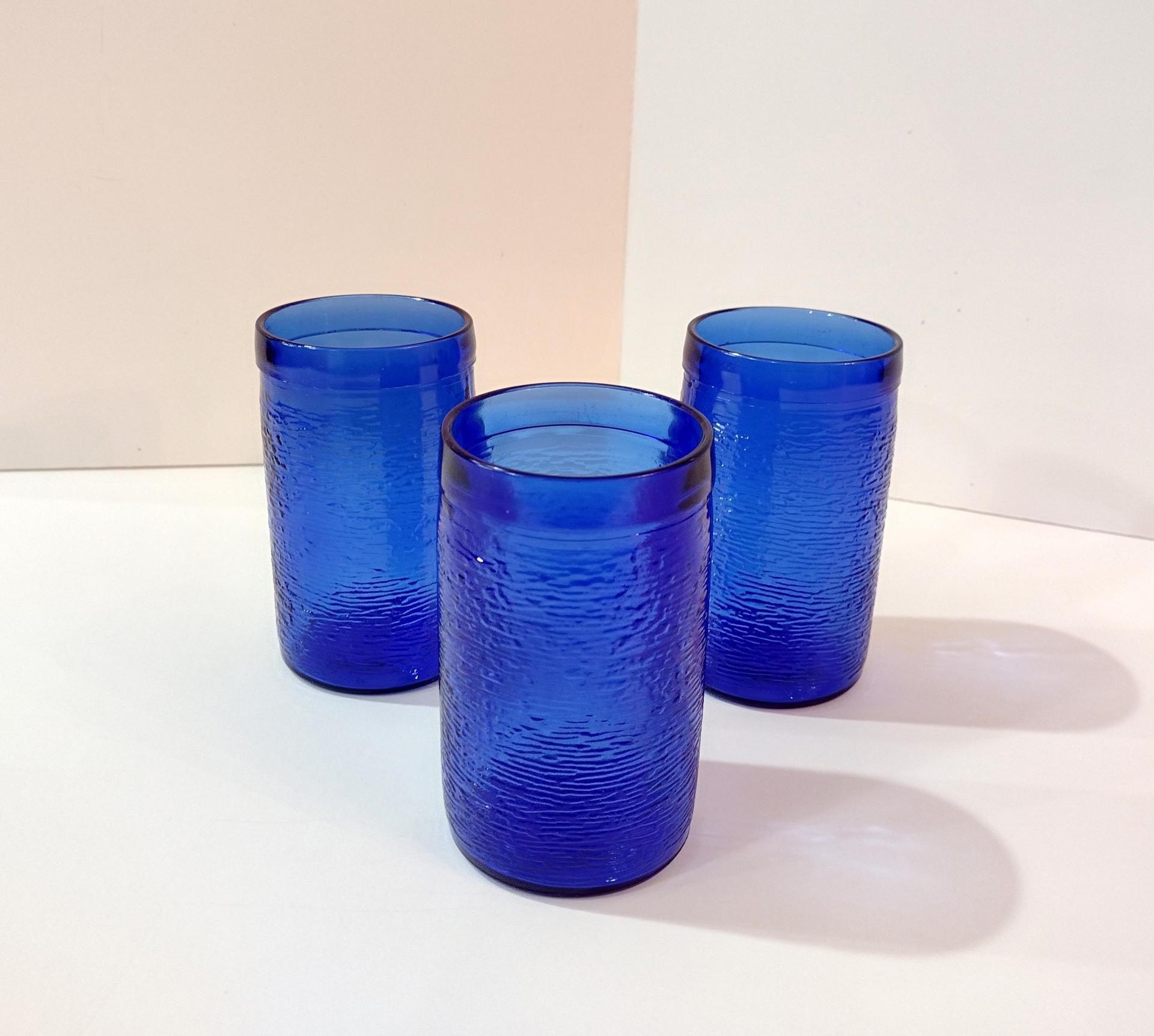 Vintage Gelado Brazil Cobalt Blue Crinkle Glass Juice Glasses, Set of Three