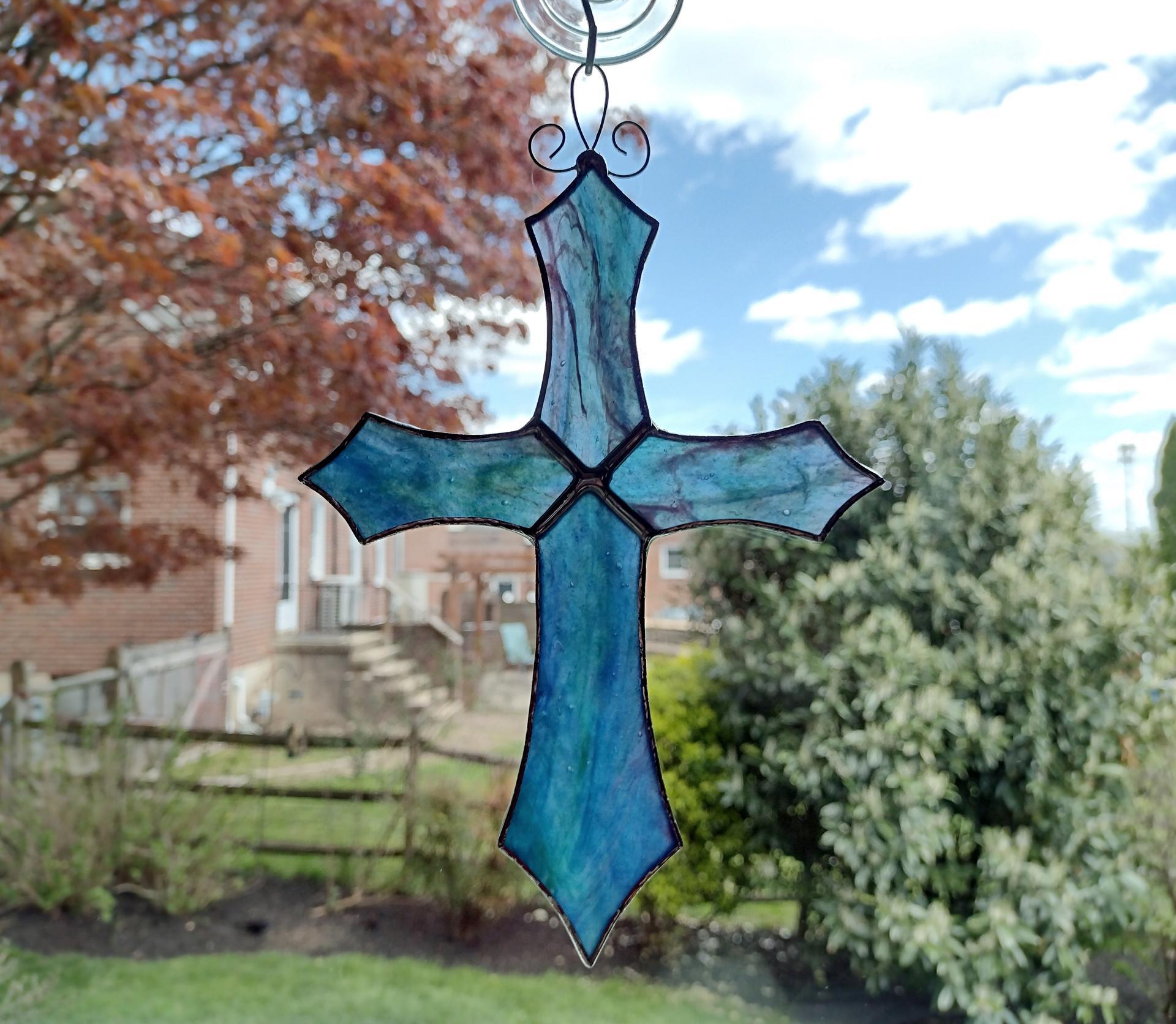 Stained Glass Cross Suncatcher, Blue Green Pink Youghiogheny Glass