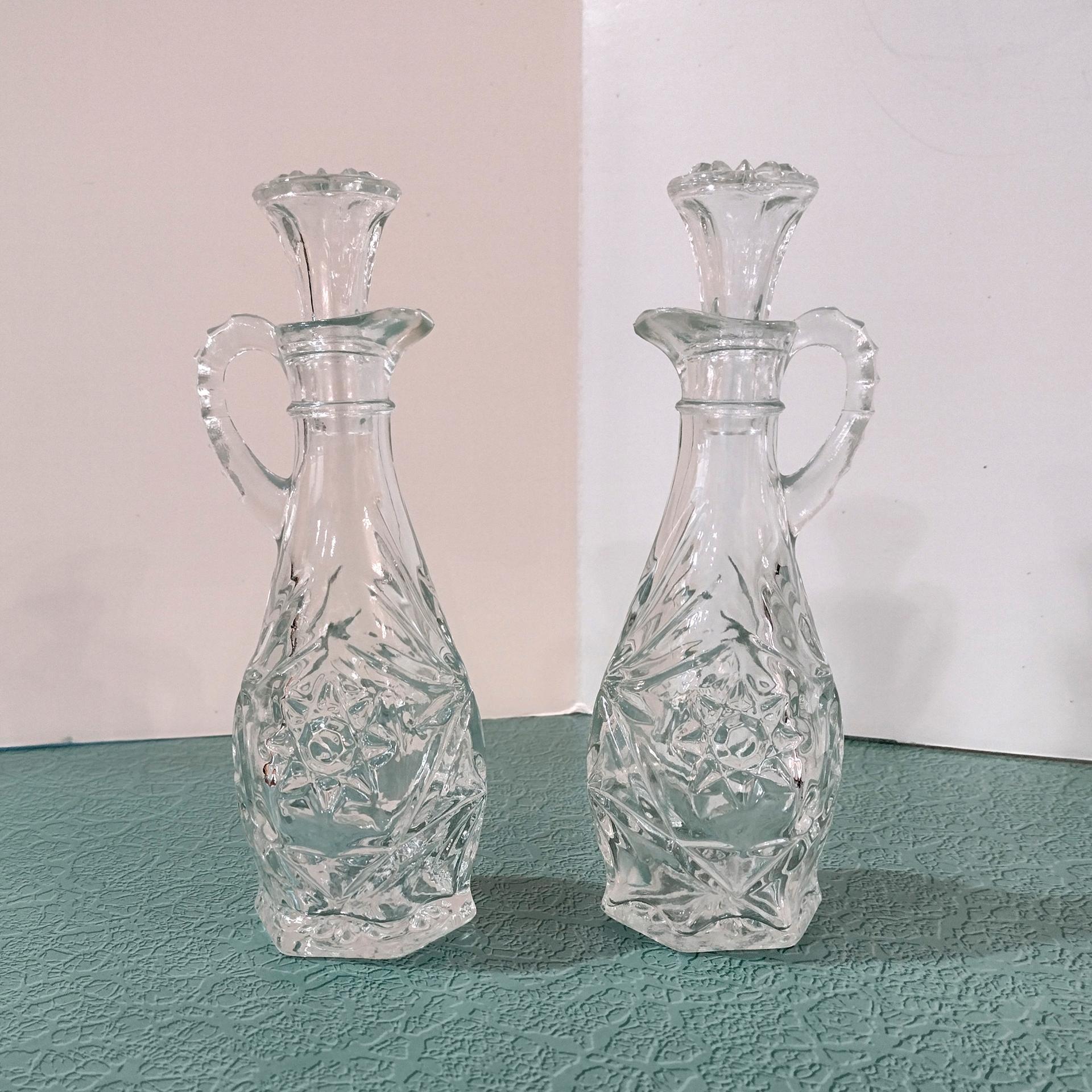 Vintage Anchor Hocking Prescut Clear Star of David Cruet Set, Oil and Vinegar Cruets, Bud Vases