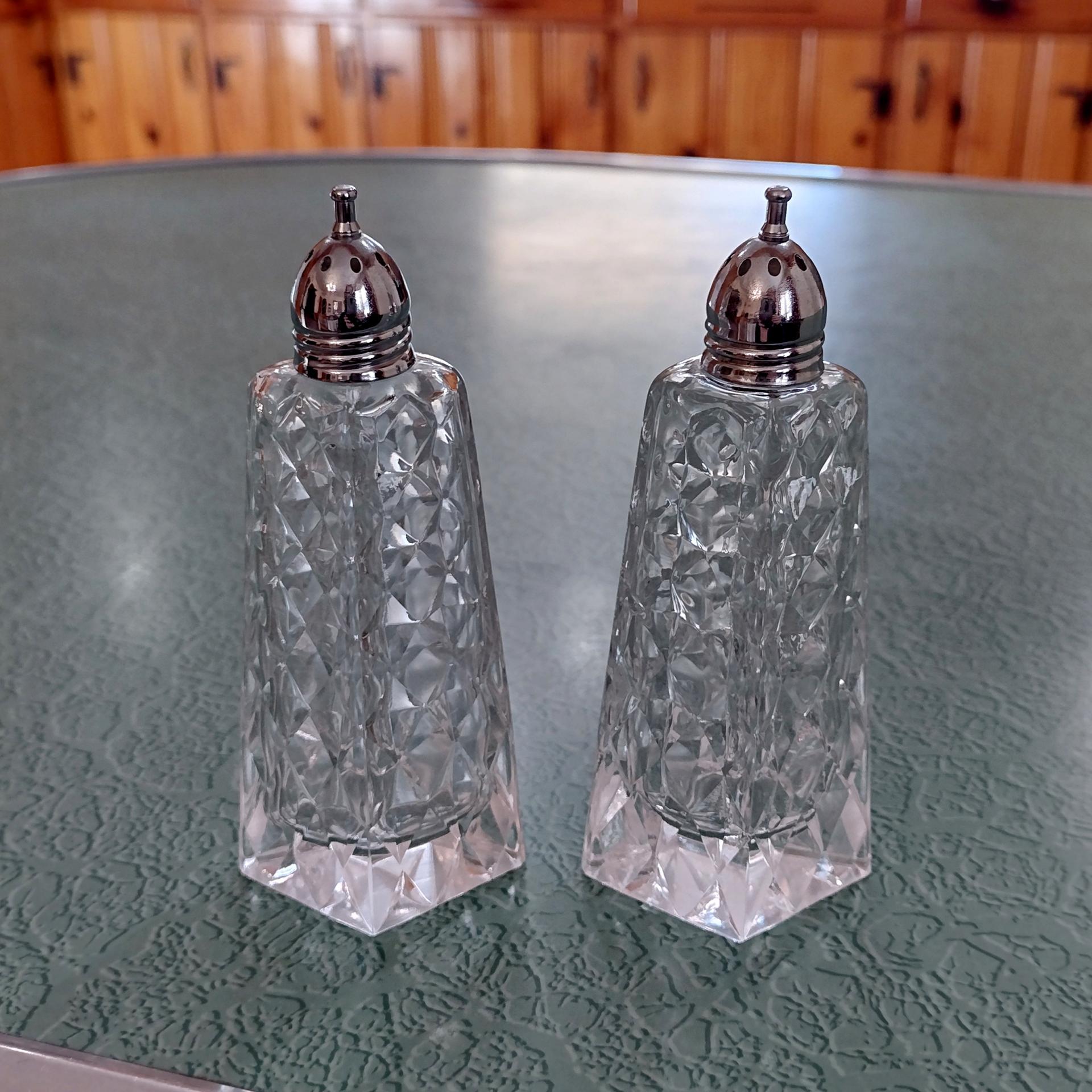 Vintage Cut Glass Diamond Shaped Salt and Pepper Shaker Set