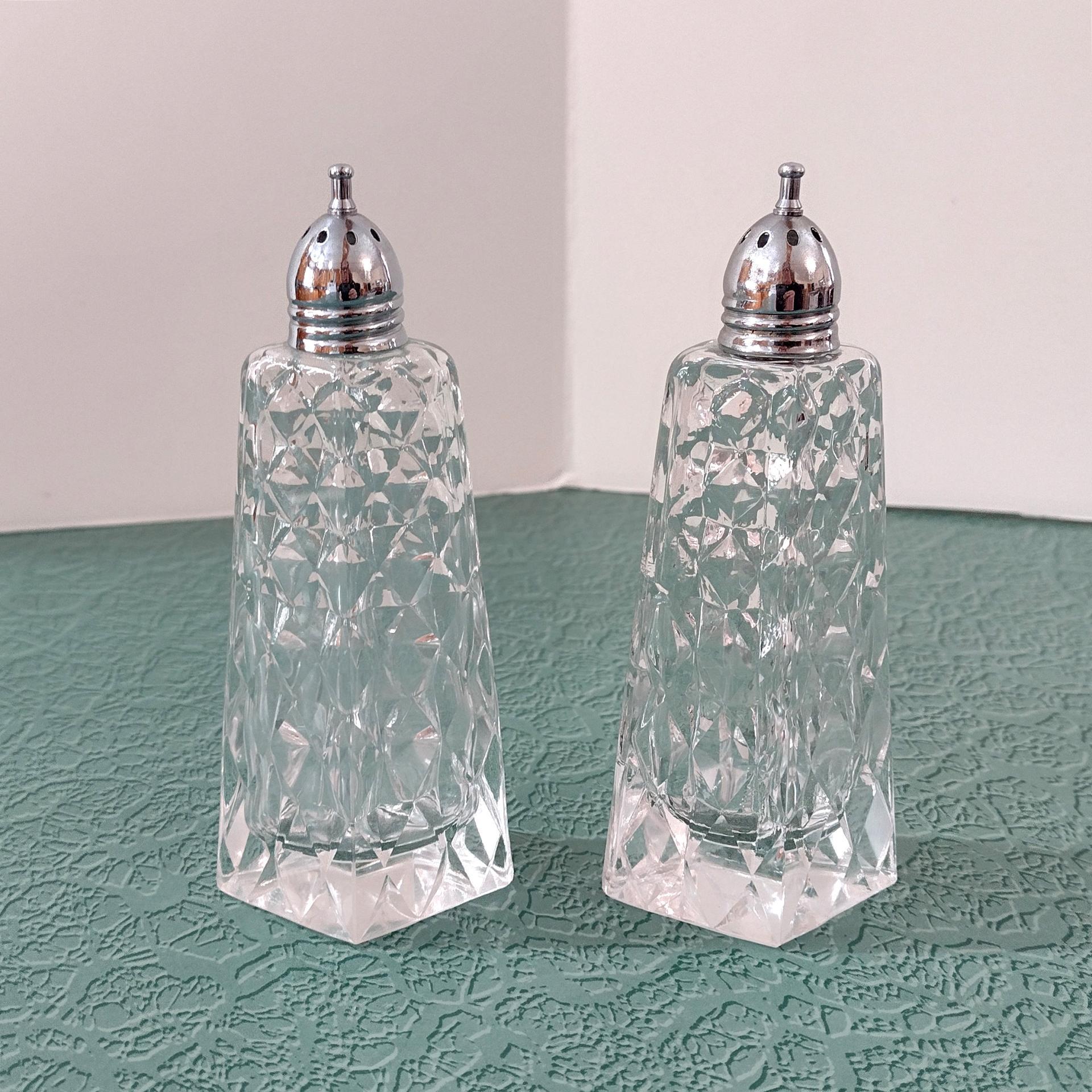 Vintage Cut Glass Diamond Shaped Salt and Pepper Shaker Set