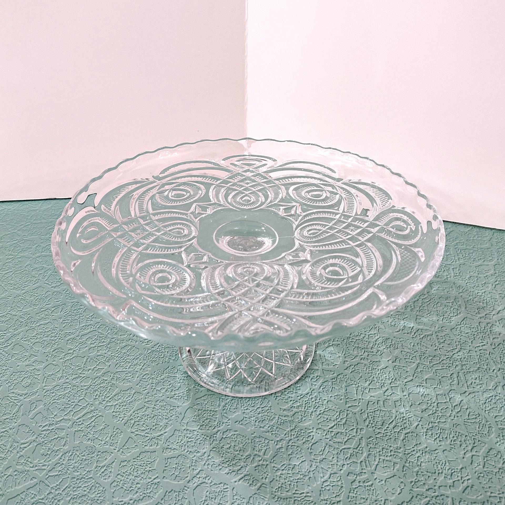 Antique Bryce Higbee Curlicue 9 1/2 In Clear Pressed Glass Pedestal Cake Stand with Scalloped Lip, Vintage EAPG Pastry Dessert Display Plate