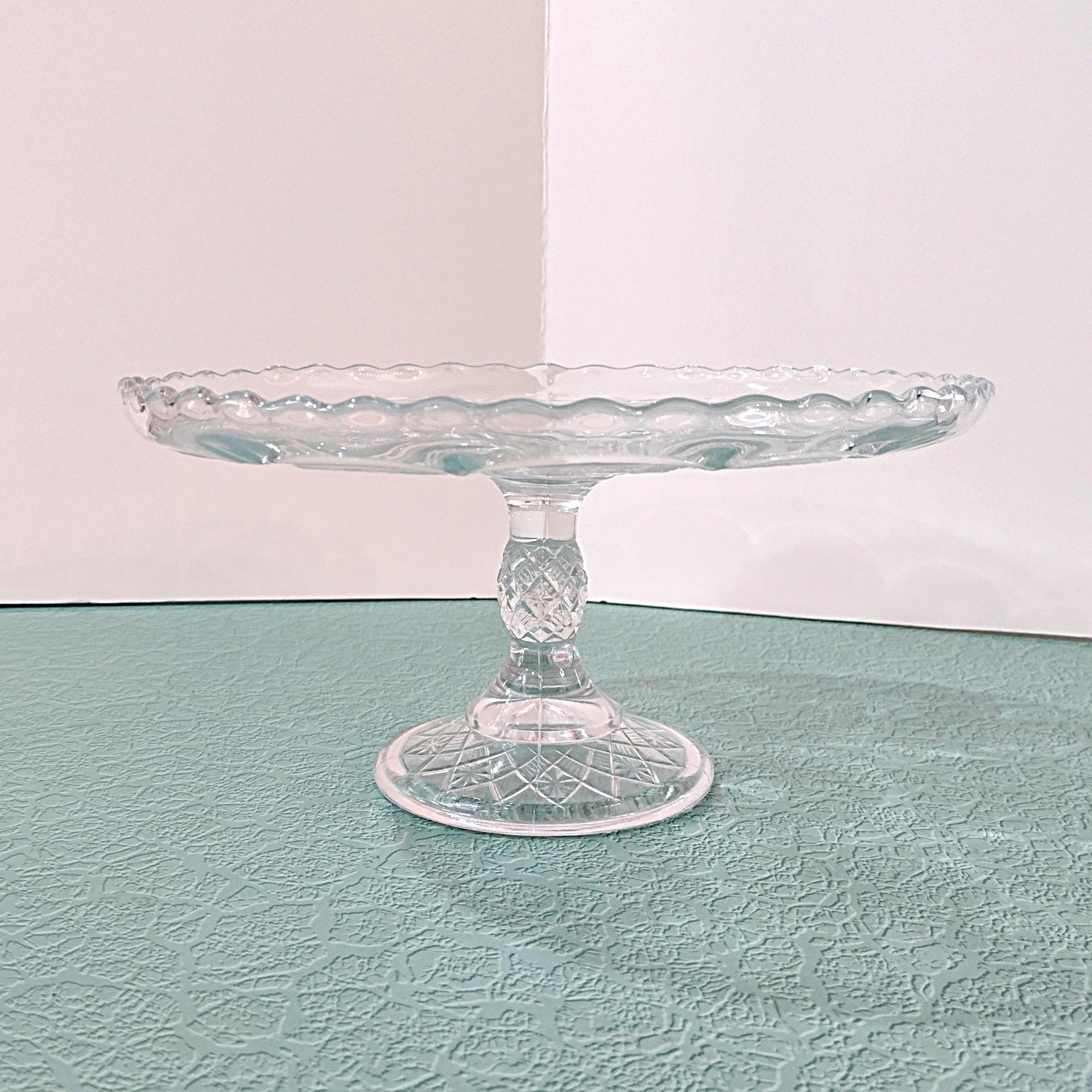 Antique Bryce Higbee Curlicue 9 1/2 In Clear Pressed Glass Pedestal Cake Stand with Scalloped Lip, Vintage EAPG Pastry Dessert Display Plate