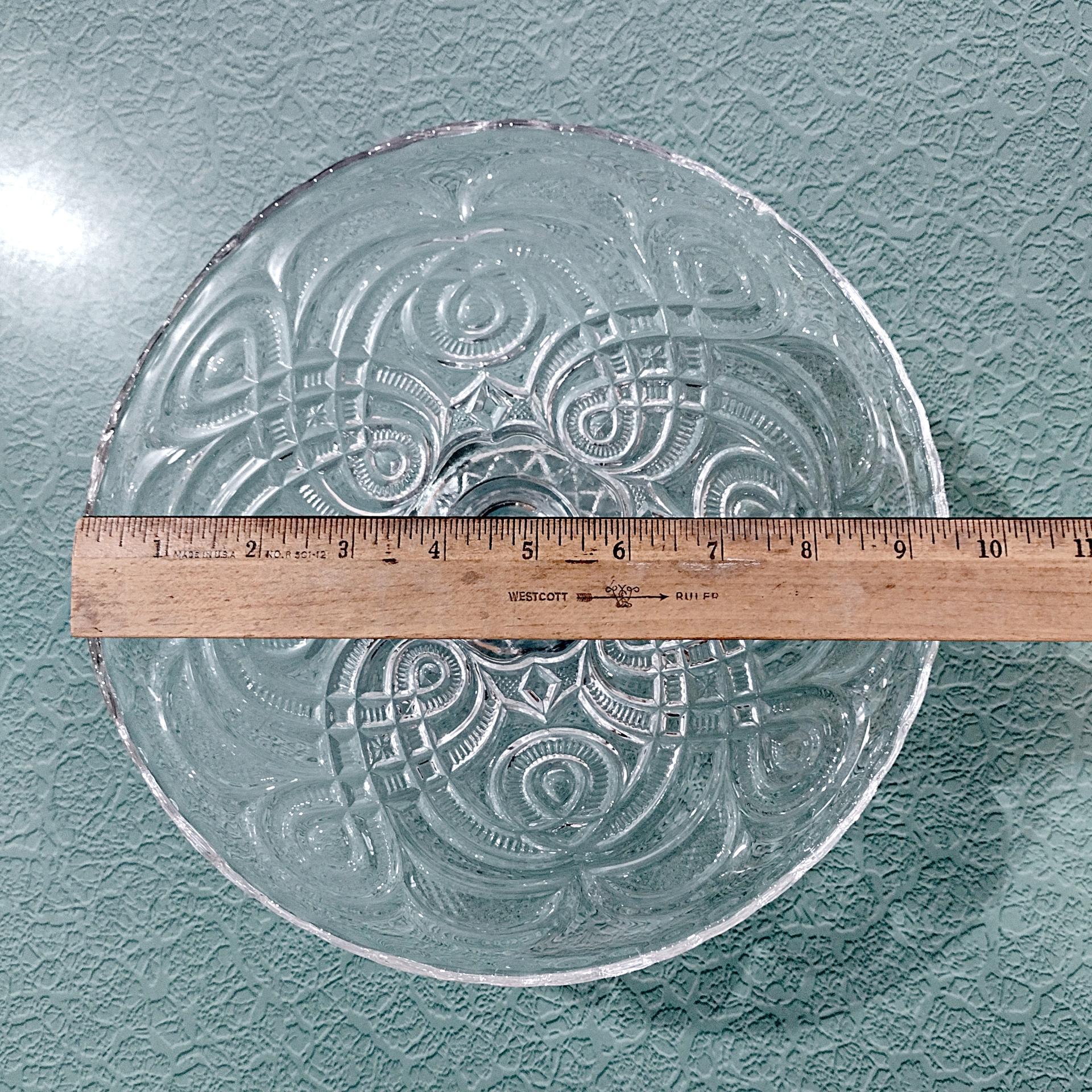 Antique Bryce Higbee Curlicue 9 1/2 In Clear Pressed Glass Pedestal Cake Stand with Scalloped Lip, Vintage EAPG Pastry Dessert Display Plate