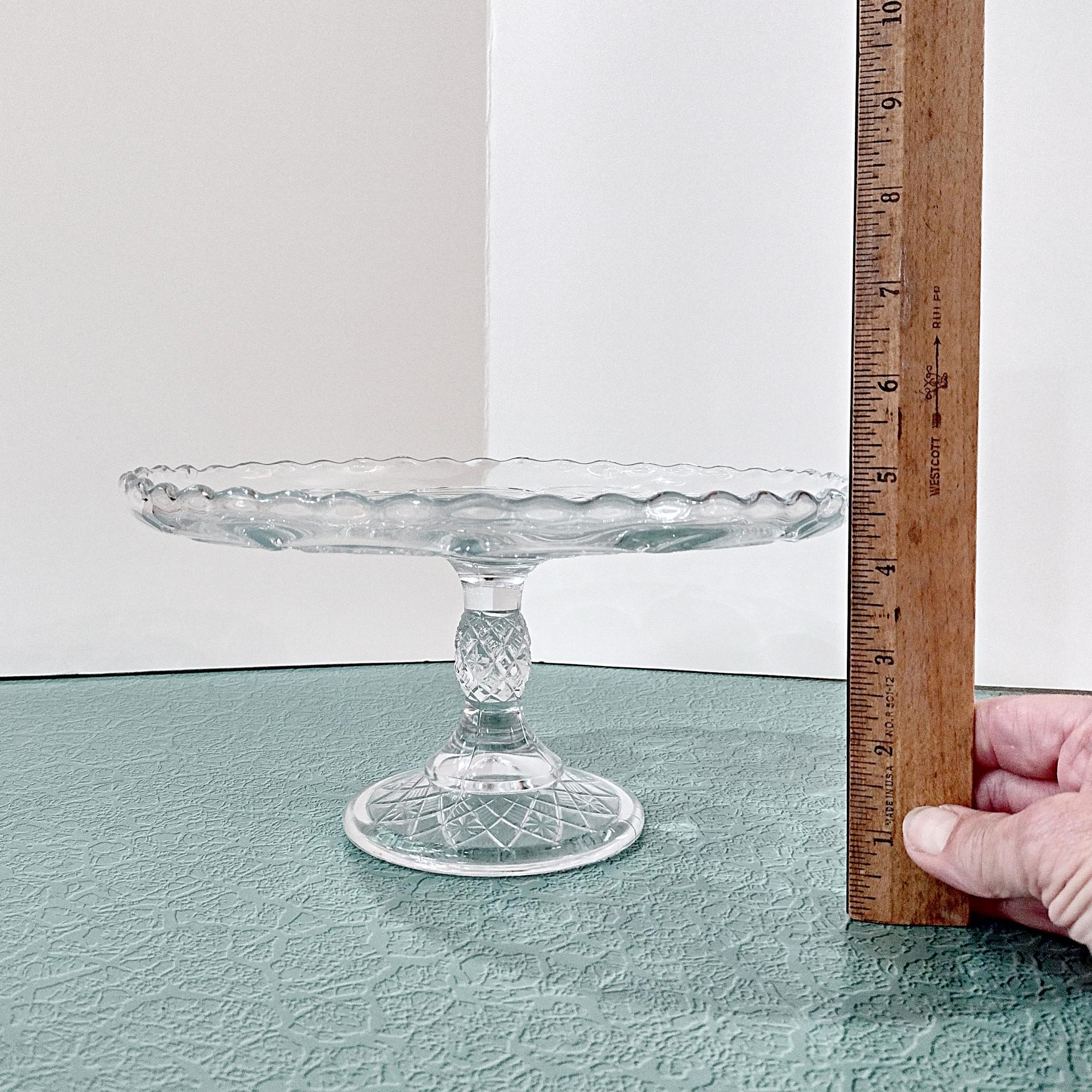Antique Bryce Higbee Curlicue 9 1/2 In Clear Pressed Glass Pedestal Cake Stand with Scalloped Lip, Vintage EAPG Pastry Dessert Display Plate