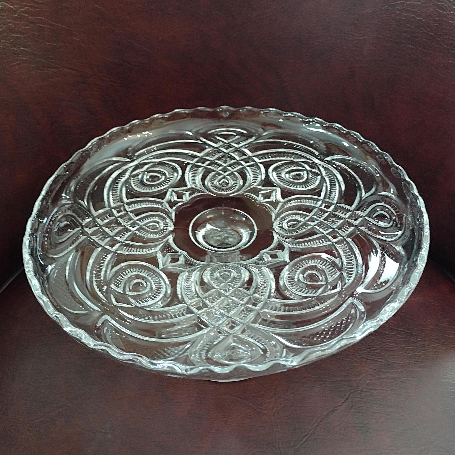 Antique Bryce Higbee Curlicue 9 1/2 In Clear Pressed Glass Pedestal Cake Stand with Scalloped Lip, Vintage EAPG Pastry Dessert Display Plate