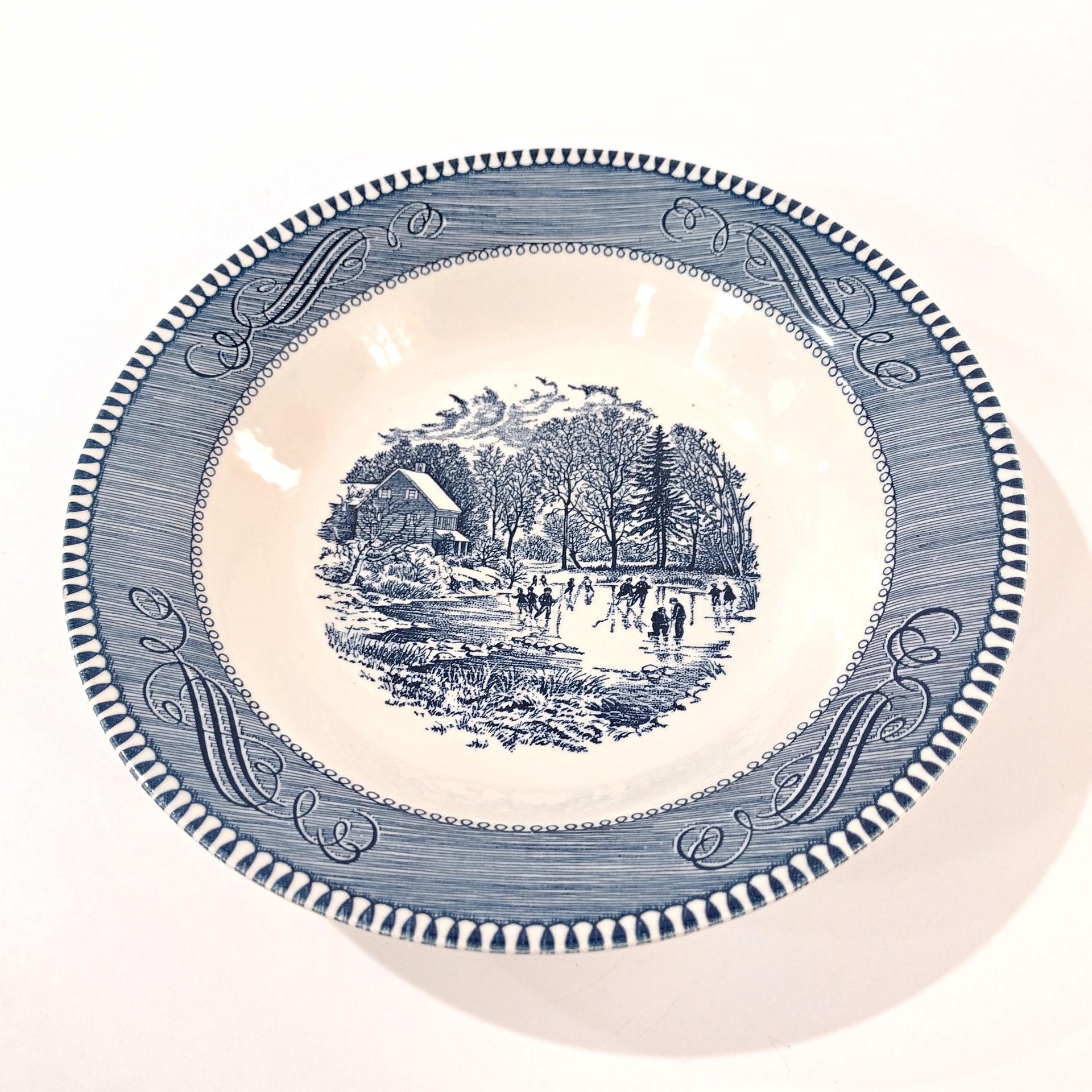 Vintage Royal Currier and Ives Early Winter Rimmed Soup Bowl,  Blue Transferware Serving Bowl, MCM Retro Americana China