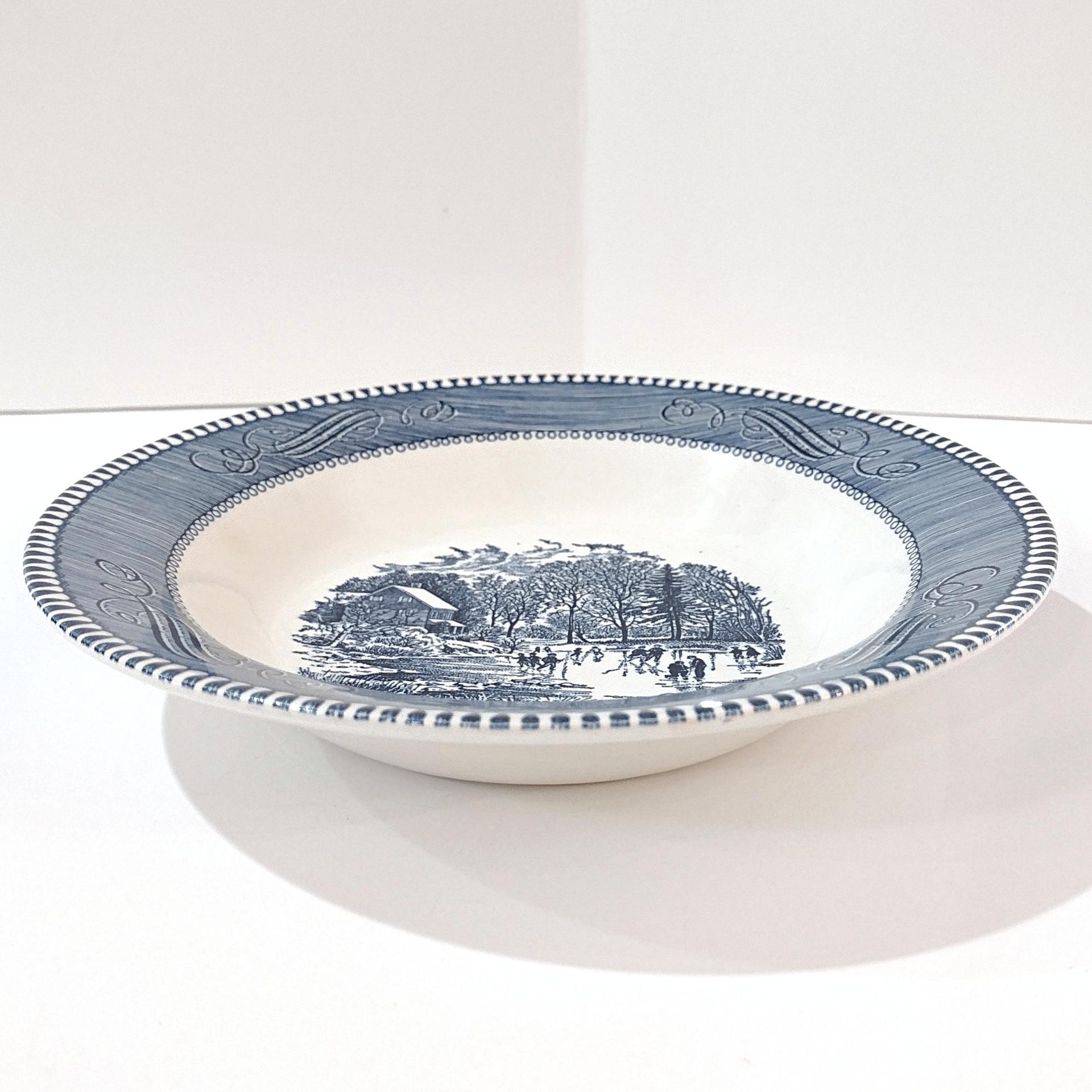 Vintage Royal Currier and Ives Early Winter Rimmed Soup Bowl,  Blue Transferware Serving Bowl, MCM Retro Americana China