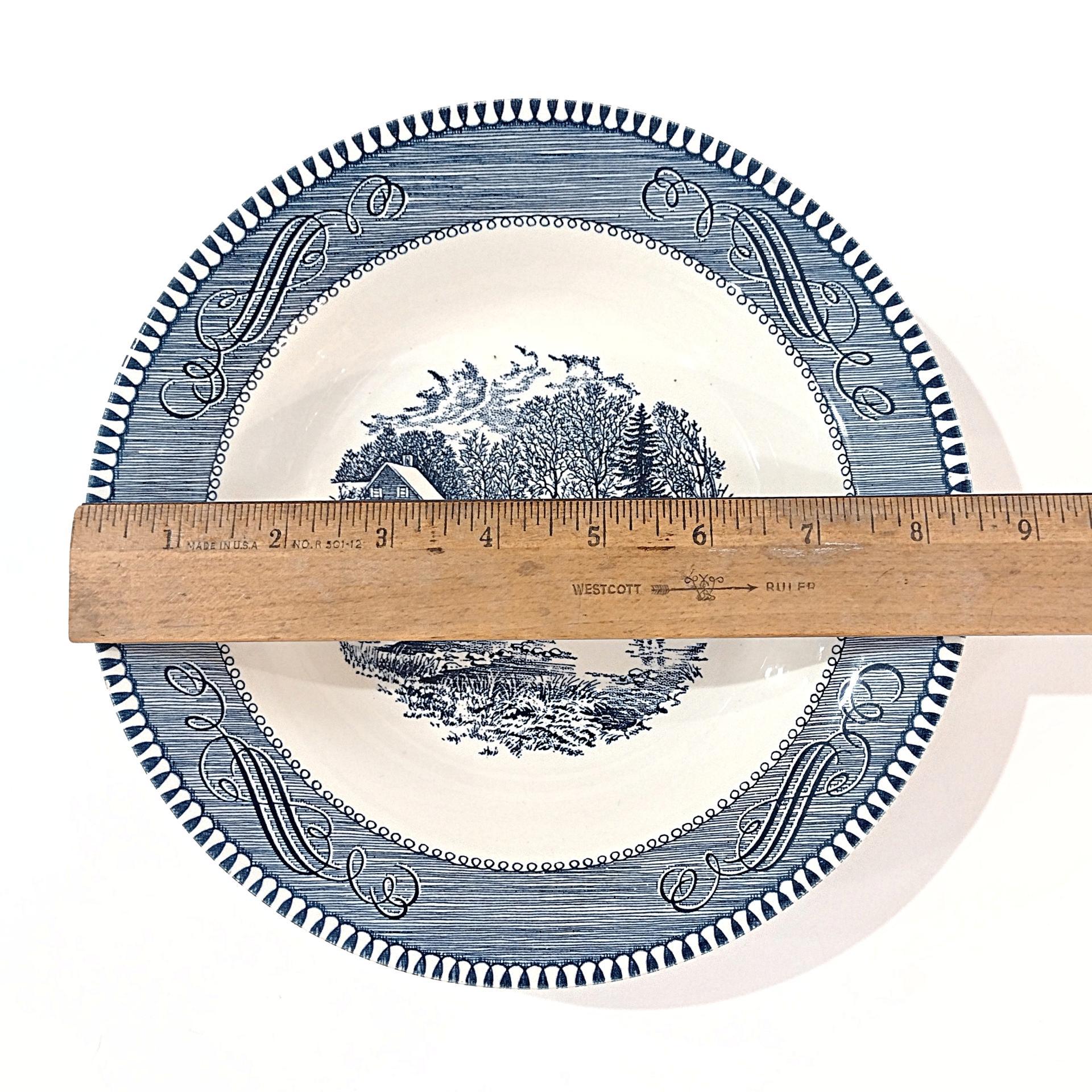 Vintage Royal Currier and Ives Early Winter Rimmed Soup Bowl,  Blue Transferware Serving Bowl, MCM Retro Americana China