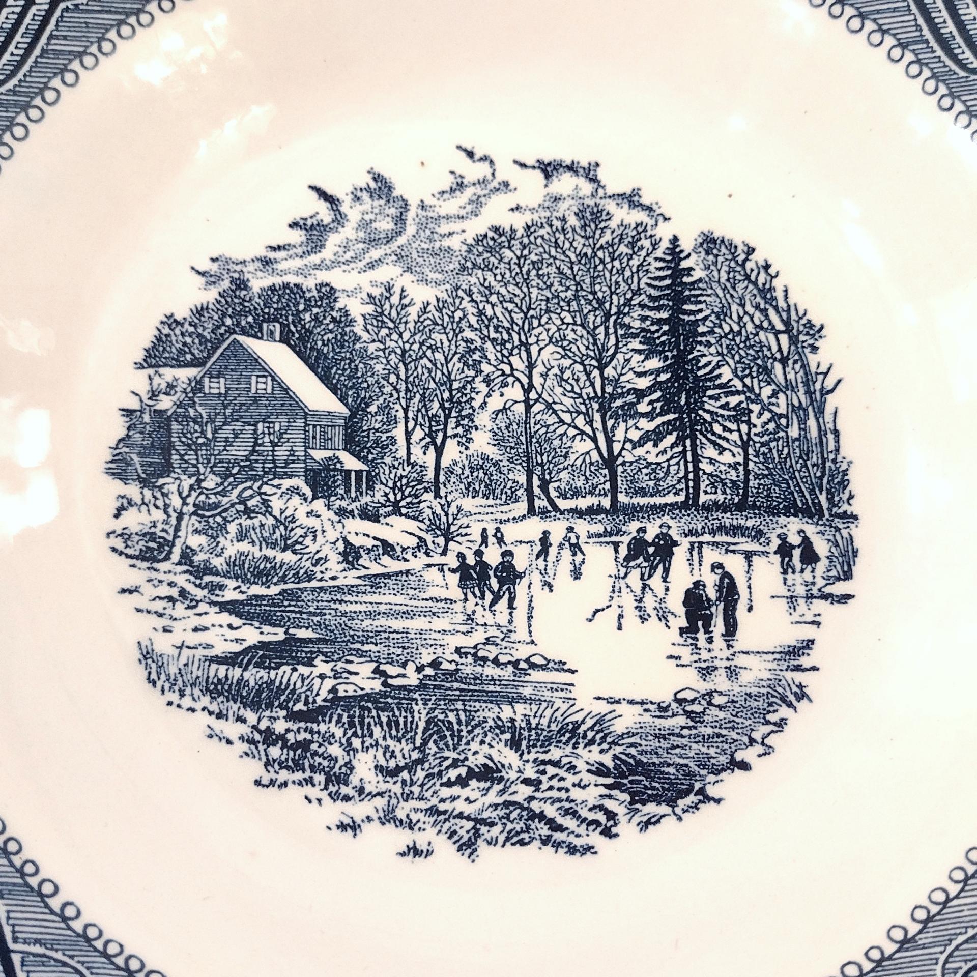 Vintage Royal Currier and Ives Early Winter Rimmed Soup Bowl,  Blue Transferware Serving Bowl, MCM Retro Americana China