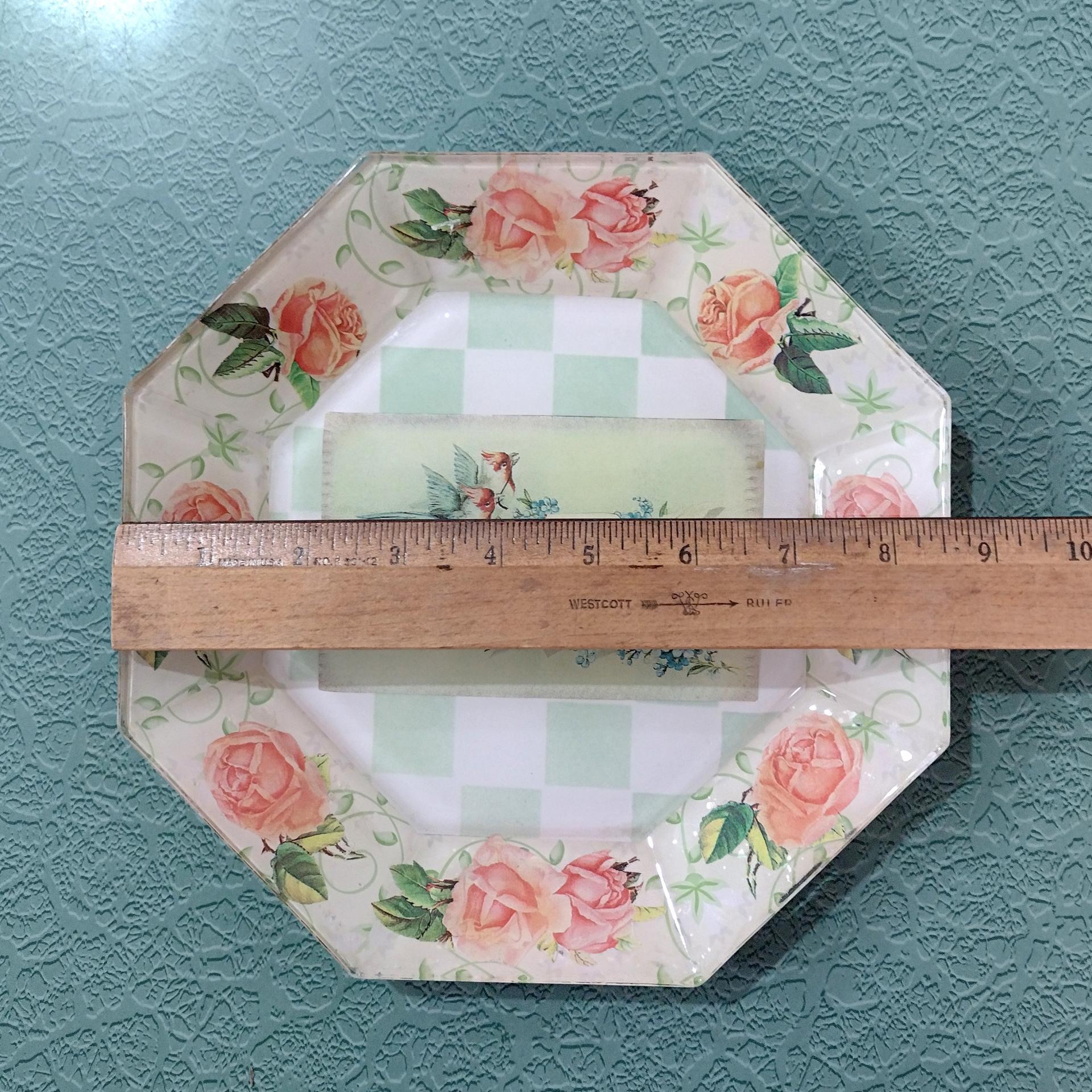 Vintage Roses, Birds, and Letters Decoupage Octagonal Glass Plate