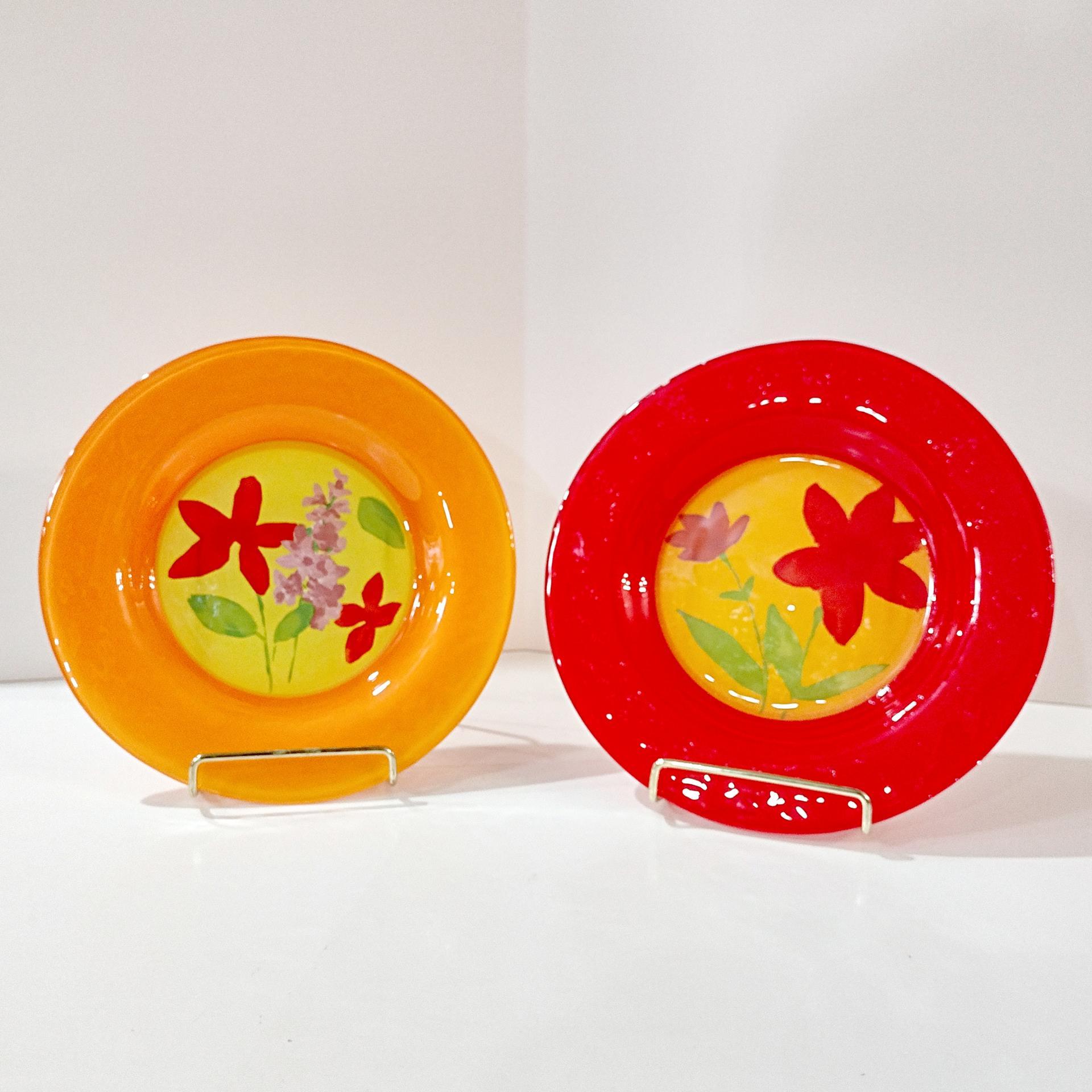 Vintage BT Dibbern Kristina Orange and Red Hand Painted Floral Salad Dessert Plates, Set of Two