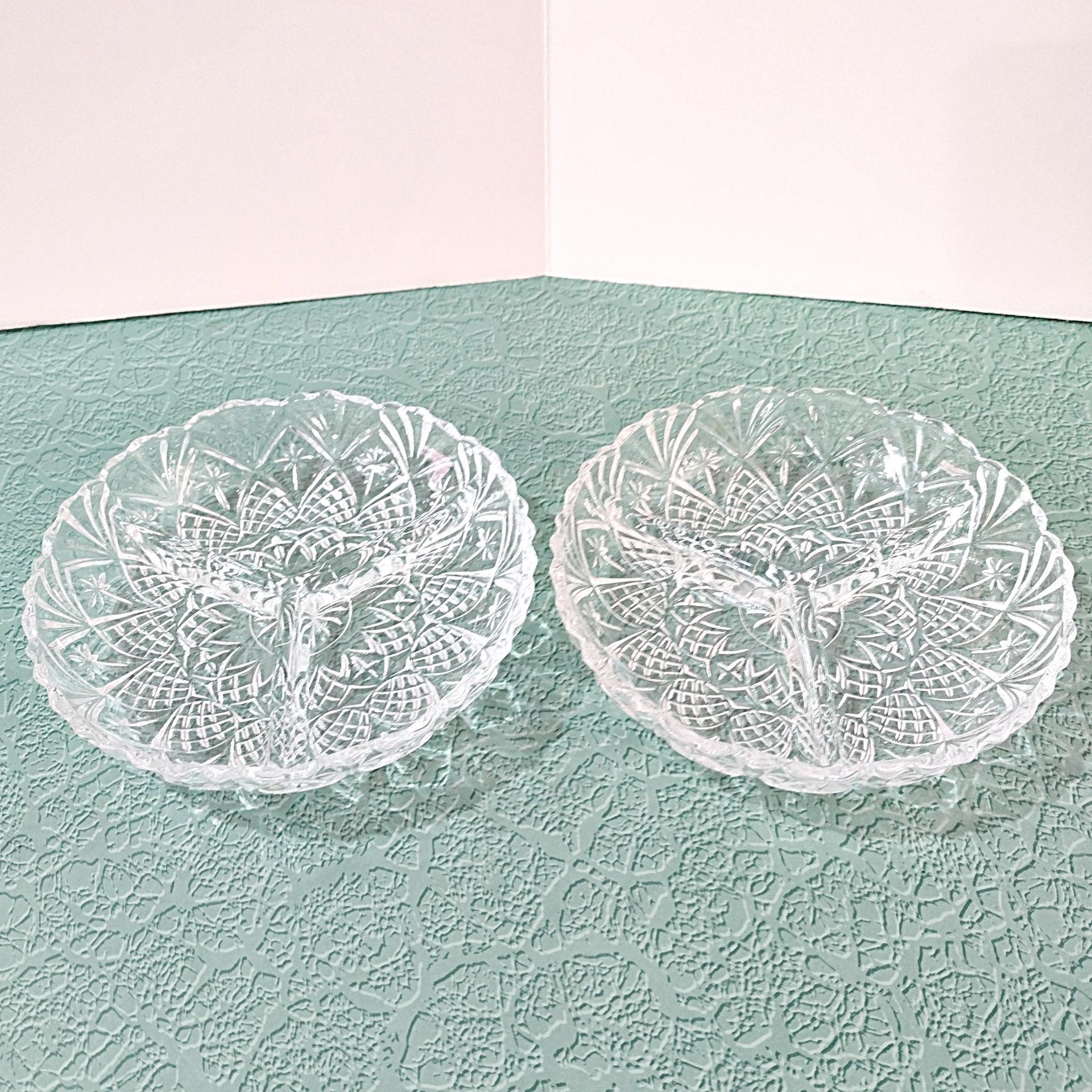 Vintage Clear Pressed Glass Divided 3 Section Sauce Relish Bowls, Set of 2, Pineapple and Crisscross Design