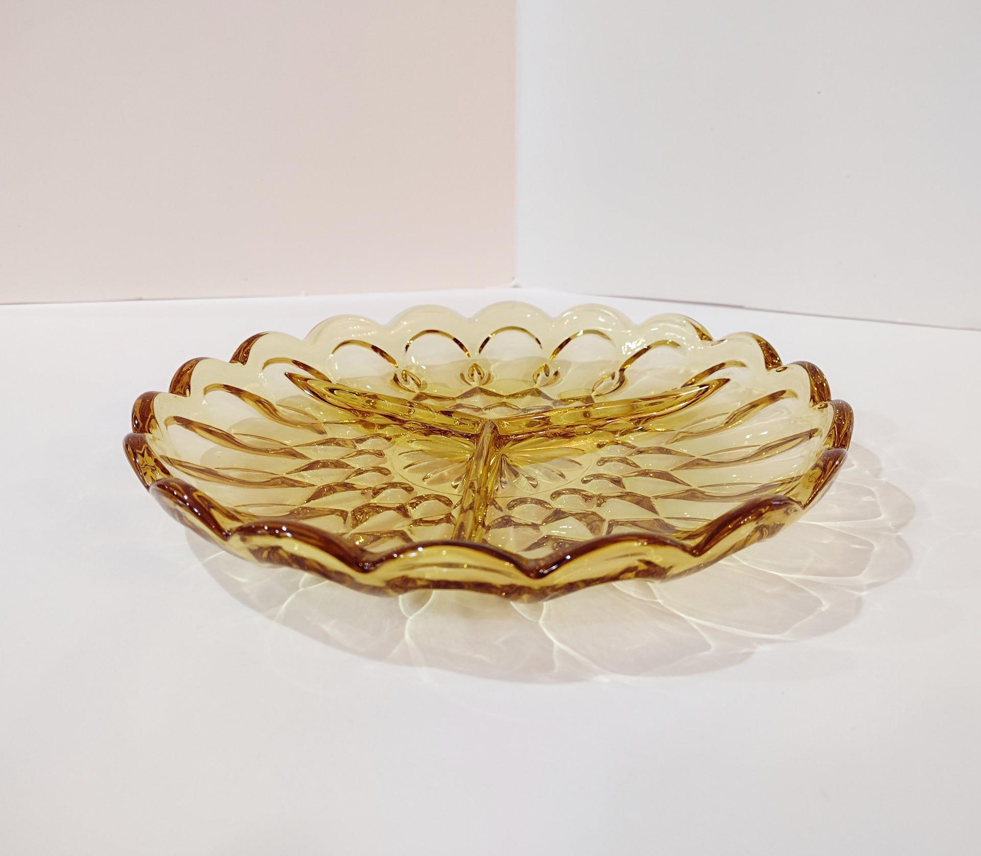 Vintage Amber Yellow Pressed Glass Three Section Divided Serving Dish, Round Relish Tray, Sectioned Charcuterie Dish