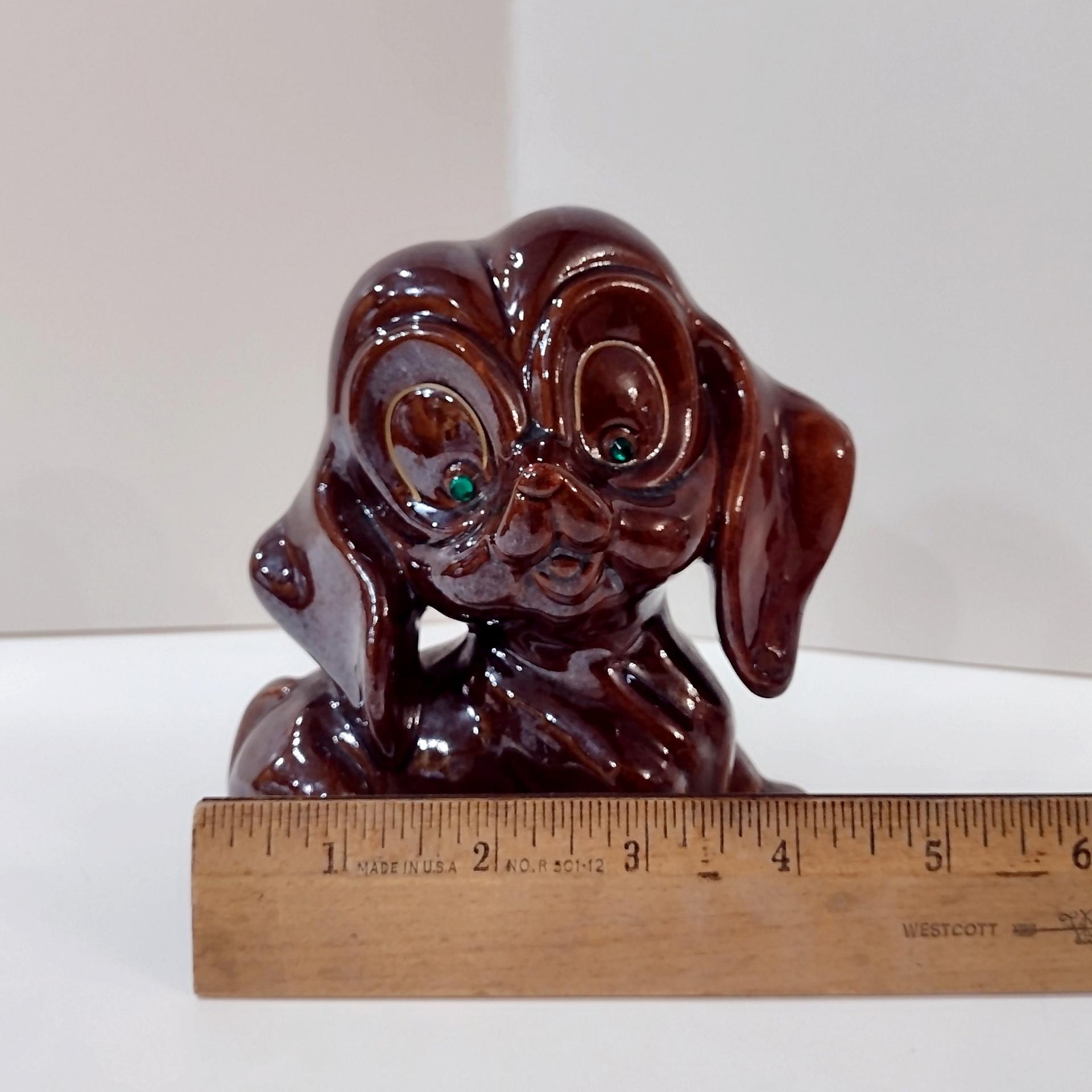 Vintage Ceramic Redware Brown Puppy Dog Figurine with Green Eyes